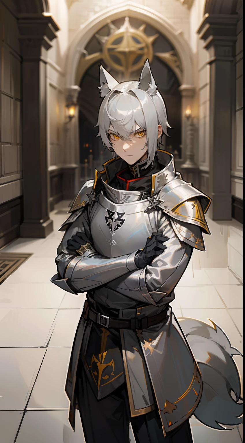 1boy,solo,gray hair,short hair,yellow eyes,((templar silver knight outfit)), wolf ears,wolf tail, serious face, masterpiece,standing in a room in night,crossed arms