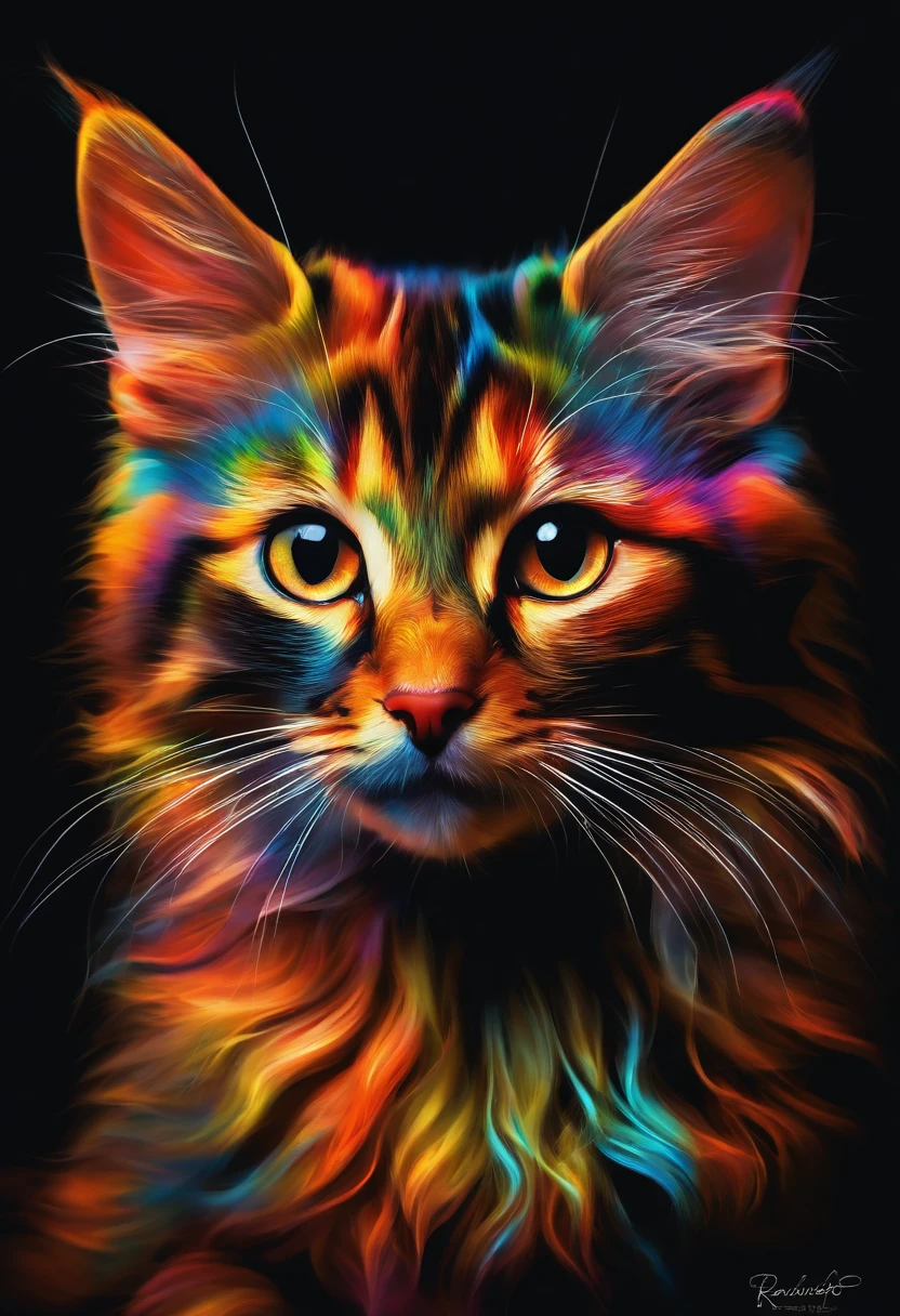 uma pintura de um cachoro colorida em um fundo preto,, breathtaking rendering, inside a radiant connection, inspirada em Kinuko Y. Craft,, Magical Elements, kitten icon, uau, it's beautiful, casting a colorful multi spell, bright flash, glare