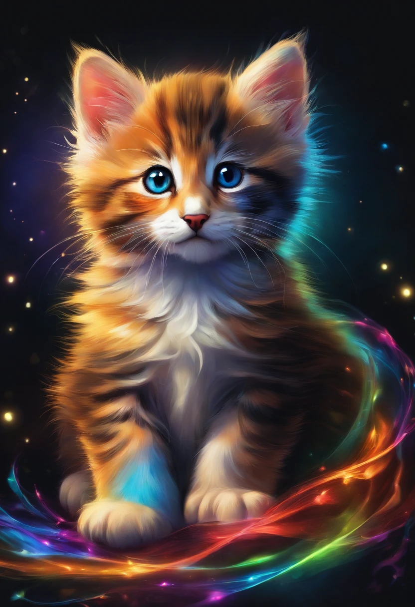 uma pintura de um cachoro colorida em um fundo preto,, breathtaking rendering, inside a radiant connection, inspirada em Kinuko Y. Craft,, Magical Elements, kitten icon, uau, it's beautiful, casting a colorful multi spell, bright flash, glare