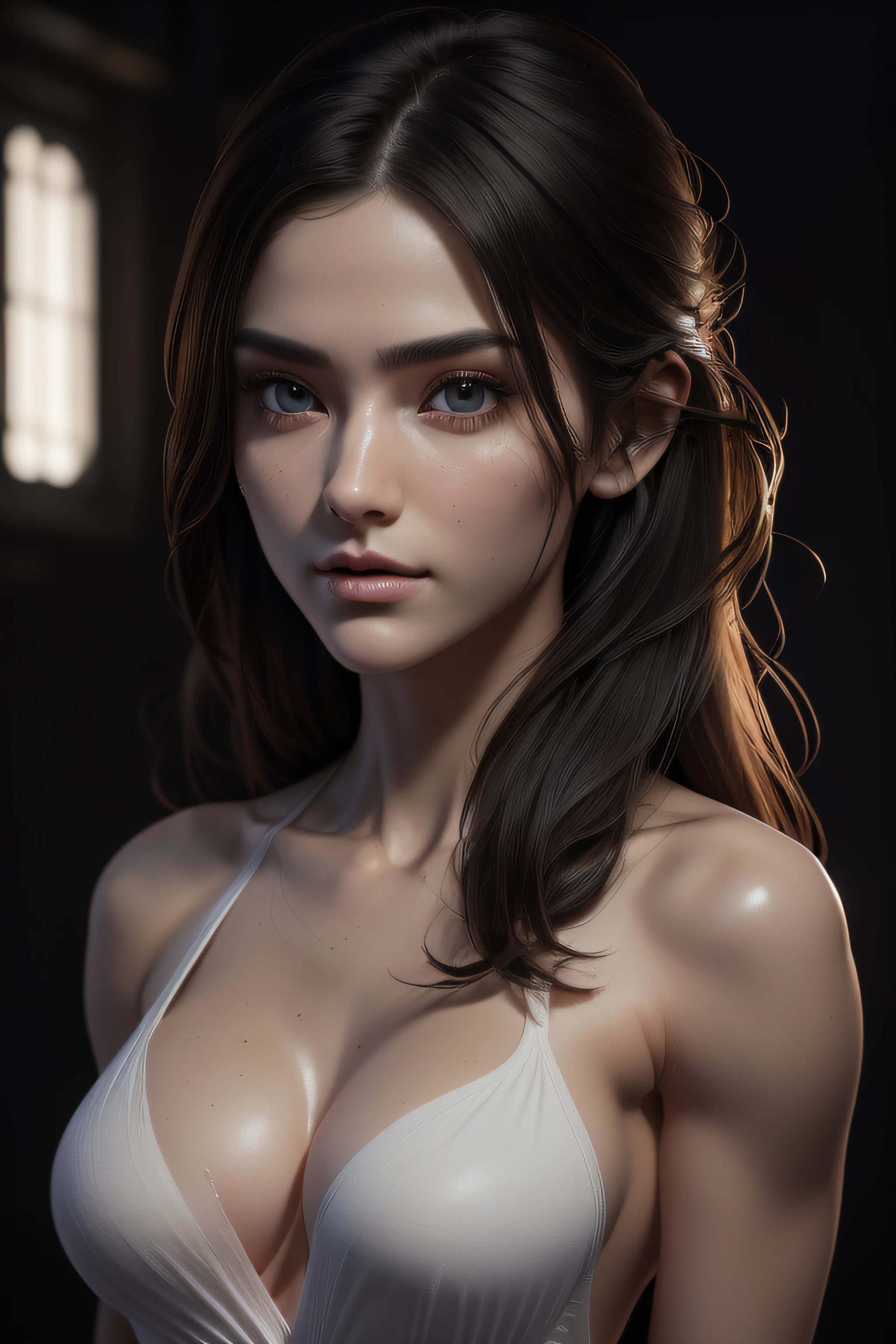 (((full body shot))), a young beautiful woman with long black hair and a black jacket, i can't believe how beautiful and sexy she is, distinct facial features, layered textures, strong contrast between light and dark, sharp attention to detail, (RAW photo, UHD, HDR, 32k, best quality, trending on artstation, masterpiece, photorealistic, ultra high quality, ultra high resolution, octane render, ultra-detailed, photon mapping, radiosity, physically-based rendering, ue5, Canon 5d, lifelike texture, intricate face, intricate eyes, high contrast, film grain, FujifilmX), A very beautiful most attractive ultra desirable solo girl, Detailedface, (((solo poses))), (((slender fit body, flawless skin, perfect proportions, perfect anatomy, flawless anatomy, flawless proportions, puffy eyelids, beautiful detailed eyes, pale lips, full body))), (((areola slip))), ((sideboob)), (((underboob))), (((undershirt))), feminine and sexy posture, (((nipslip))), (((nippleslip))), (((fit body figure)))