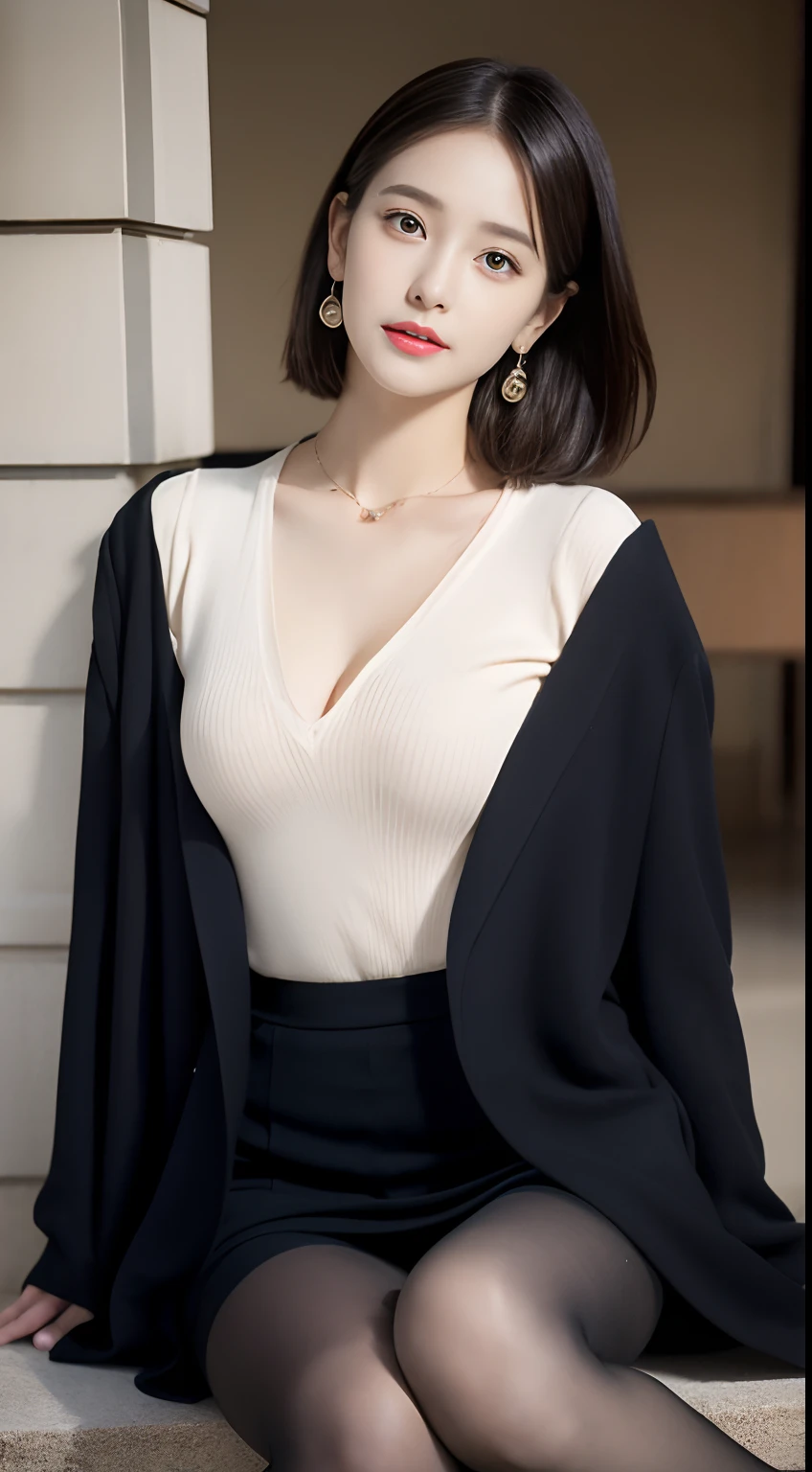 (((32K,very high res, high detailing, highly accurate,Masterpiece Girl 1))),Raw photo & realistic atmosphere,beautiful dark blue eyes,Detailed mouth,Glossy lips,Detailed eyebrows,Soft white skin that shines with every detail,,Eyes drawn in detail、Very beautiful eyes with azure eyes,Detailed lips、Super detailed very beautiful face,Very well-formed face、Lifelike face,shiny beautiful lips,Beautiful eyebrows,Infinite reality,Best design,(Ideal beautiful legs,Beautifully shaped breasts,Very cute beautiful girl,Little Girl:1.5),Best Natural Makeup,Japanese ido,Korean Idols,Young sensual idol,Moist eyes,Dark beautiful eyes,Beautiful butt,beauty legs,,camel's foot,:1.3),超A high resolution、,Natural and realistic face,Back lighting,Pure eyes are too cute,(((photorealisim,Photograph the whole body))),,Reality Live Action,(simple earrings,Necklace Arm,Watches,Glossy nail art,Girlish clothes,Simple casual and cute total coordination with bright colors,Spring Long Coat,Blouse,beautiful skirt,Modest and beautiful fashionable fashion,Heel Shoes,Stylish short hair,独奏,17Old Lori Girl,full body Esbian:1.7),(Insanely cute sober, Modest and young 17-year-old girl,Show full-body fashion,Show from thighs to shoes,Sitting on both knees facing the camera,Black pantyhose,Slightly chubby,Pants are visible through the skirt,well-styled,A faint smile,If the face is,a baby face,a small face:1.8)