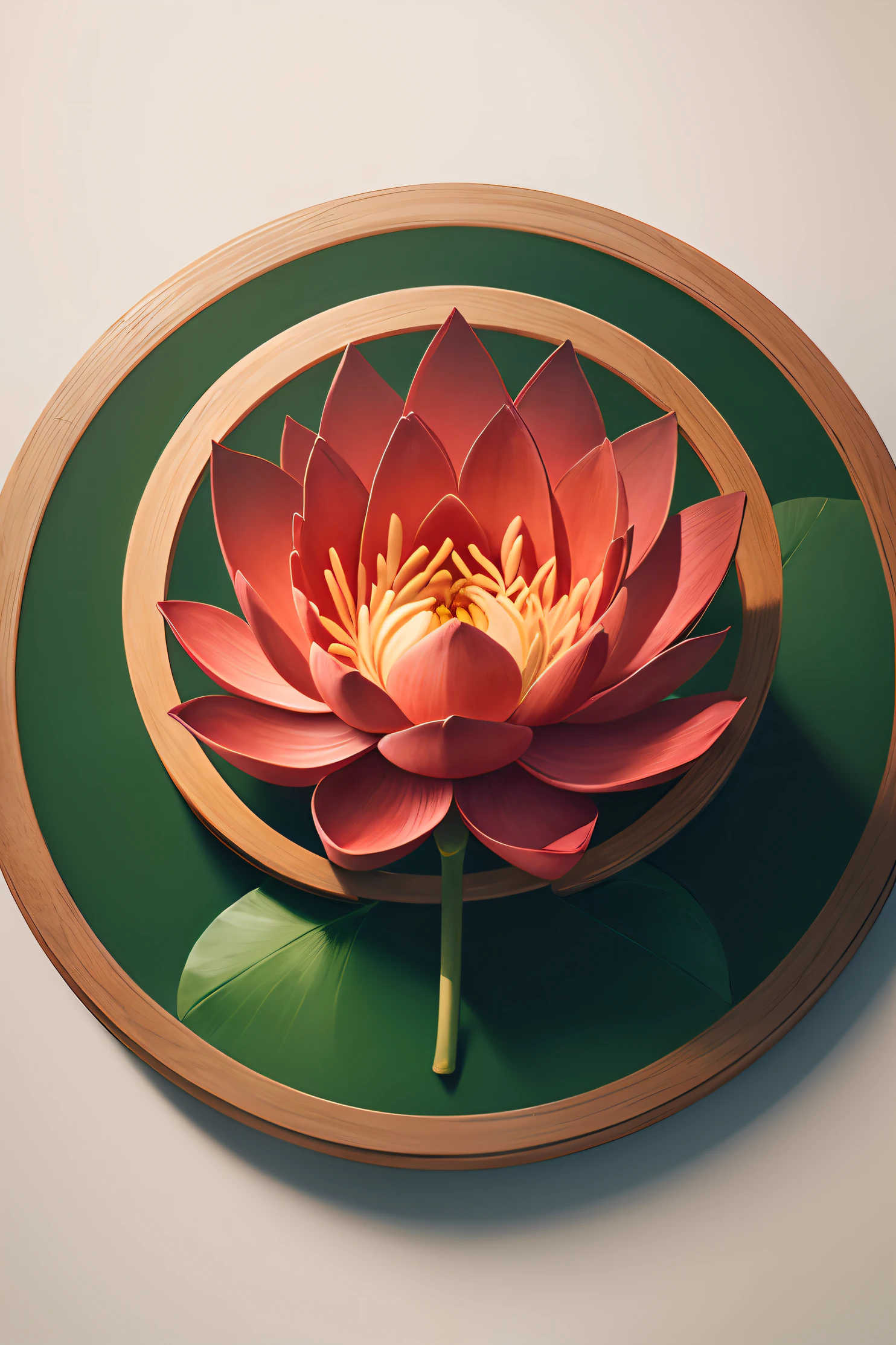 hand drawn drawing of a red lotus flower inside a circle and on a green background