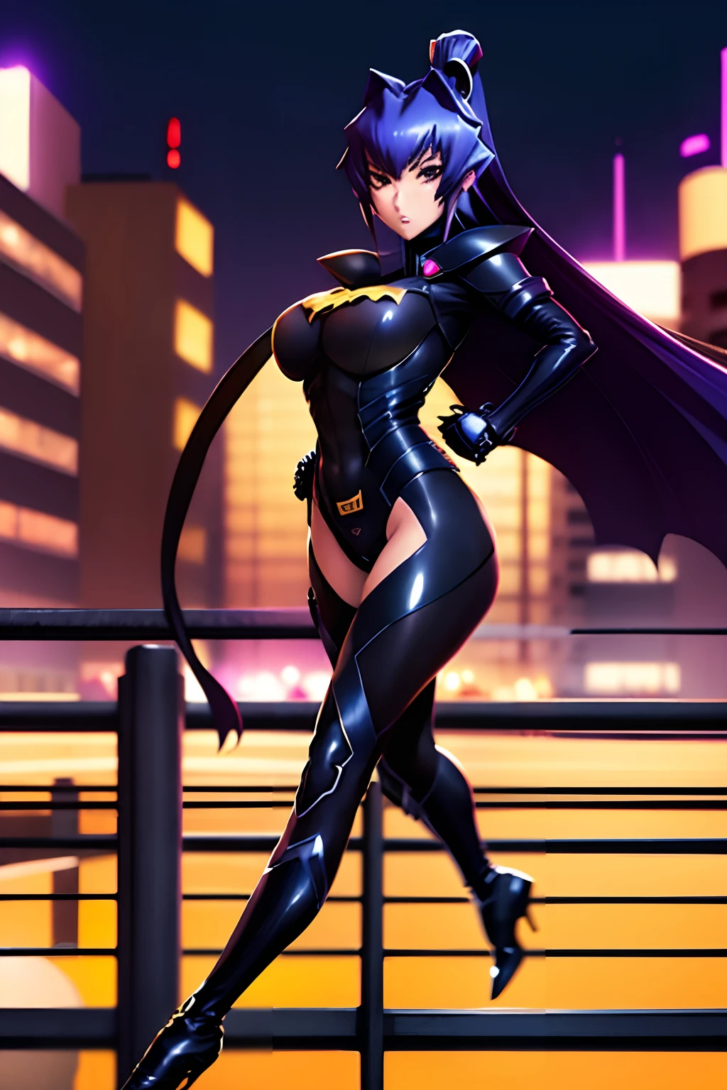 Meiya Mitsurugi, Batgirl, disfraz de batgirl, traje negro, capa negra, noche, ondeando, botas negras, ciudad, edificios,