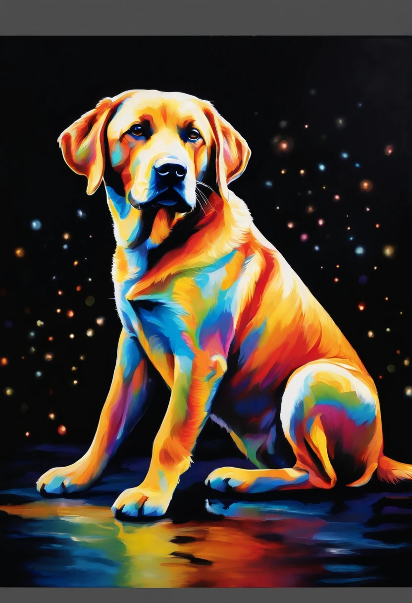 A painting of a colorful Labrador dog on a black background,, breathtaking rendering, inside a radiant connection, inspirada em Kinuko Y. Craft,, Magical Elements, kitten icon, uau, it's beautiful, casting a colorful multi spell, bright flash, glare