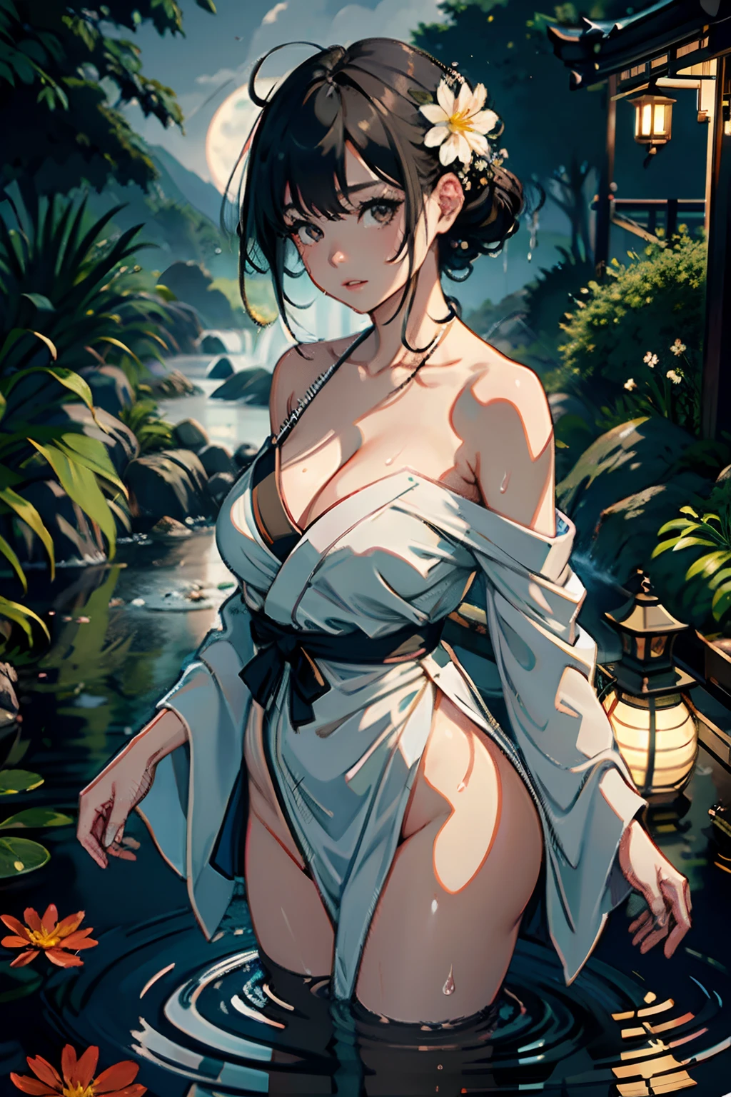 1girl, breasts, moon, lantern, night, solo, large breasts, hair ornament, wet, kimono, japanese clothes, wading, water, hair flower, flower, outdoors, sky, full moon, rain, black hair, off shoulder, mountain, cloud, holding, sash, bare shoulders, paper lantern, standing, white kimono, night sky, sideboob, obi, wet clothes, bangs, tree, from side, reflection, short hair, cloudy sky, wet hair (((masterpiece),(extremely detailed CG unity 8k wallpaper),best quality,,solo,1girl,cinematic lighting,detailed background,beautiful detailed eyes,bright pupils, (an extremely delicate and beautiful),(Beautiful and detailed eye description)， ultra-detailed,masterpiece,)),totaly naked,bend over, from under