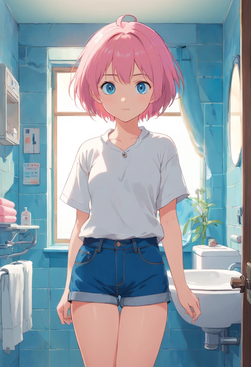 1girl, short pink hair, blue eyes, wearing plain white shirt, denim shorts, bathroom, absurdres, high res, ultrasharp, 8K, masterpiece, looking at viewer