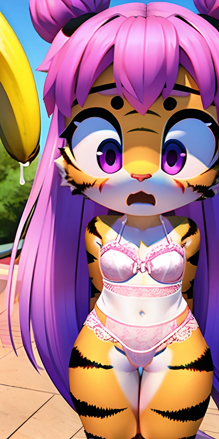 Cute little character in bright 3d with front, Tiger, Cute s, banana in, long purple hair, white lingerie, sweetie, pigtails, scared