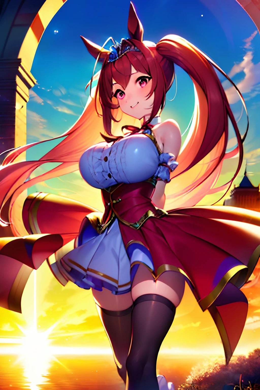 Live Photo, top-quality, masterpiece, extremely delicate and beautiful, ighly detailed, nffsw, Unity, 8K Picture Wallpaper, amazingly detail, detaile, masterpiece, top-quality, Official art, Highly detailed ticker Unity 8k wallpaper, ultra-detailliert, hight resolution, ighly detailed, Clair, Focus, (top-quality), (realisitic, Photorealsitic:1.5), 8K, Soft lighting, hightquality, lighting like a movie, 1girl in, Daiwa Scarlet(Uma Musume)、Red-eyed woman、very pointed horse ears、Horse ears on both sides、hair color is reddish brown、hair color is reddish brown、The hairstyle has a rather slow appearance.,、Air-intake、The length of hair to the shoulders、shoulder length hair、Twin-tailed、Straight hair、cuticle、very long twintails、Twin tails are tied high above the head、The twin tails are wrapped in blue scrunchies、large twin tails、Silver tiara at top of the head、、Red ribbons on the ears of both horses、Eyes are red、anime eyes、Eyes very, Very big,Red Eyes、Red Eyes、The eyeball is red、Red eyeball、redeyes、Symmetrical eyes、Sunshine Red Eyes、Tsundere、Innocent、The most beautiful girl in the world、Eternal Girl、 Angelic smile、A slight smil、Opens mouth and laughs、full body Esbian,, (perspiring:1)、White and green sailor suit、Black ribbon on chest、Black gloves on both hands、Hands are covered with gloves、Very large mune、ultra gigantic tits, very large udder、Bewitching、obscenity、slovenly、Black stockings、perspiring、full of sweat、Eyes are red、Woman taking a walk、Bring your right arm forward、Run your left arm behind your back、walking alone、takeout、Sunnyday、The sun is dazzling、France、triumphal arch、Arc de Triomphe in the background、