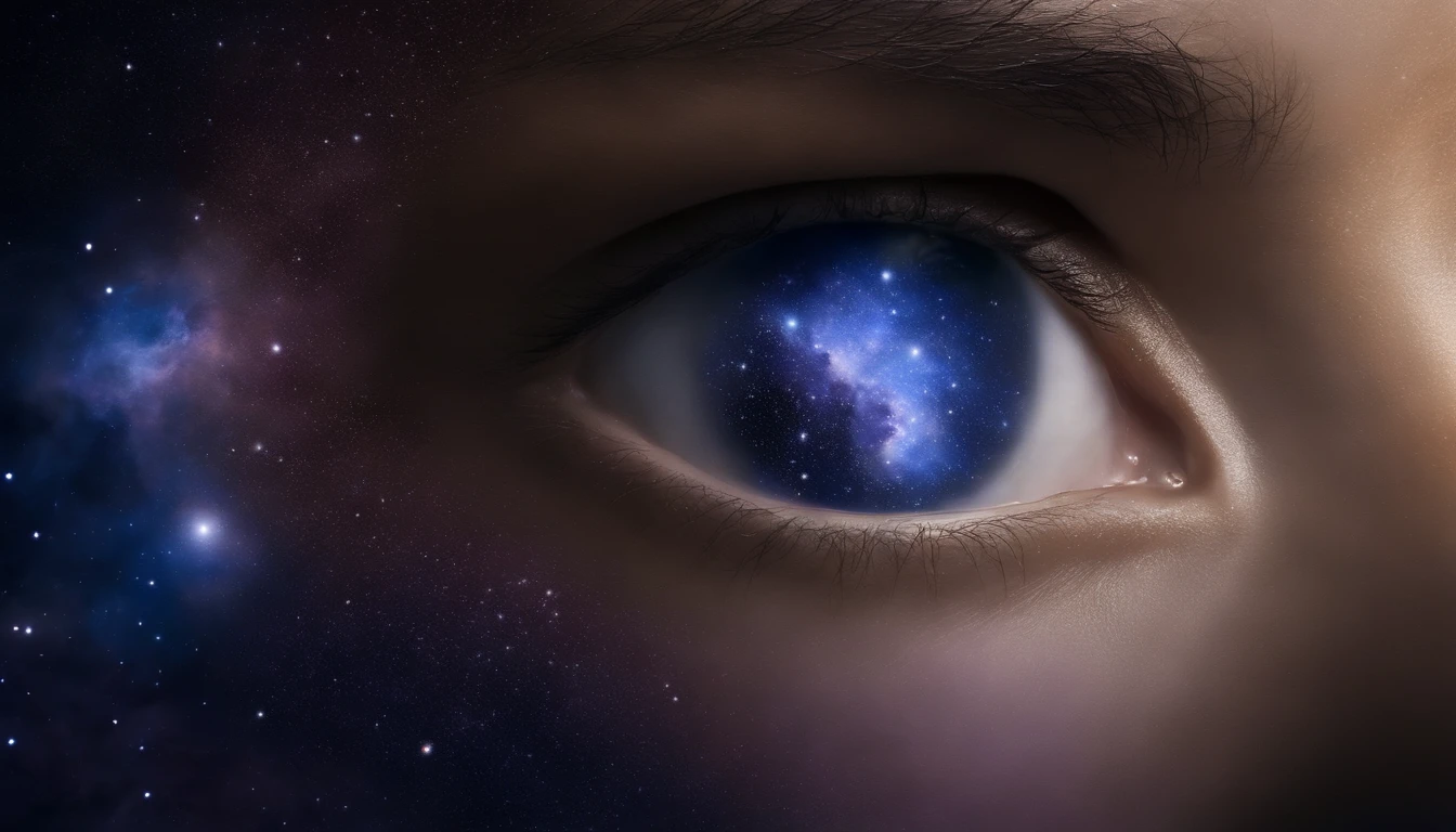 Human face in deep meditation, com a boca aberta, serenidade, aura brilhante e sutil, universo em AZUL e violeta, Stars and galaxies, macio, ethereal clouds, connectedness, roots in the earth, branches to the starry sky, tons amarelados, serenidade, cosmic harmony