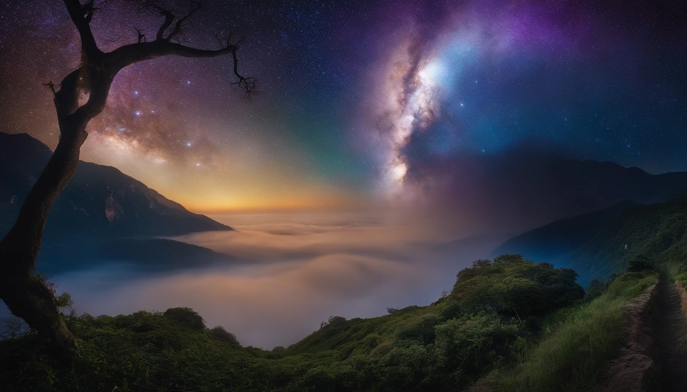 Human face in deep meditation, com a boca aberta, serenidade, aura brilhante e sutil, universo em AZUL e violeta, Stars and galaxies, macio, ethereal clouds, connectedness, roots in the earth, branches to the starry sky, tons amarelados, serenidade, cosmic harmony