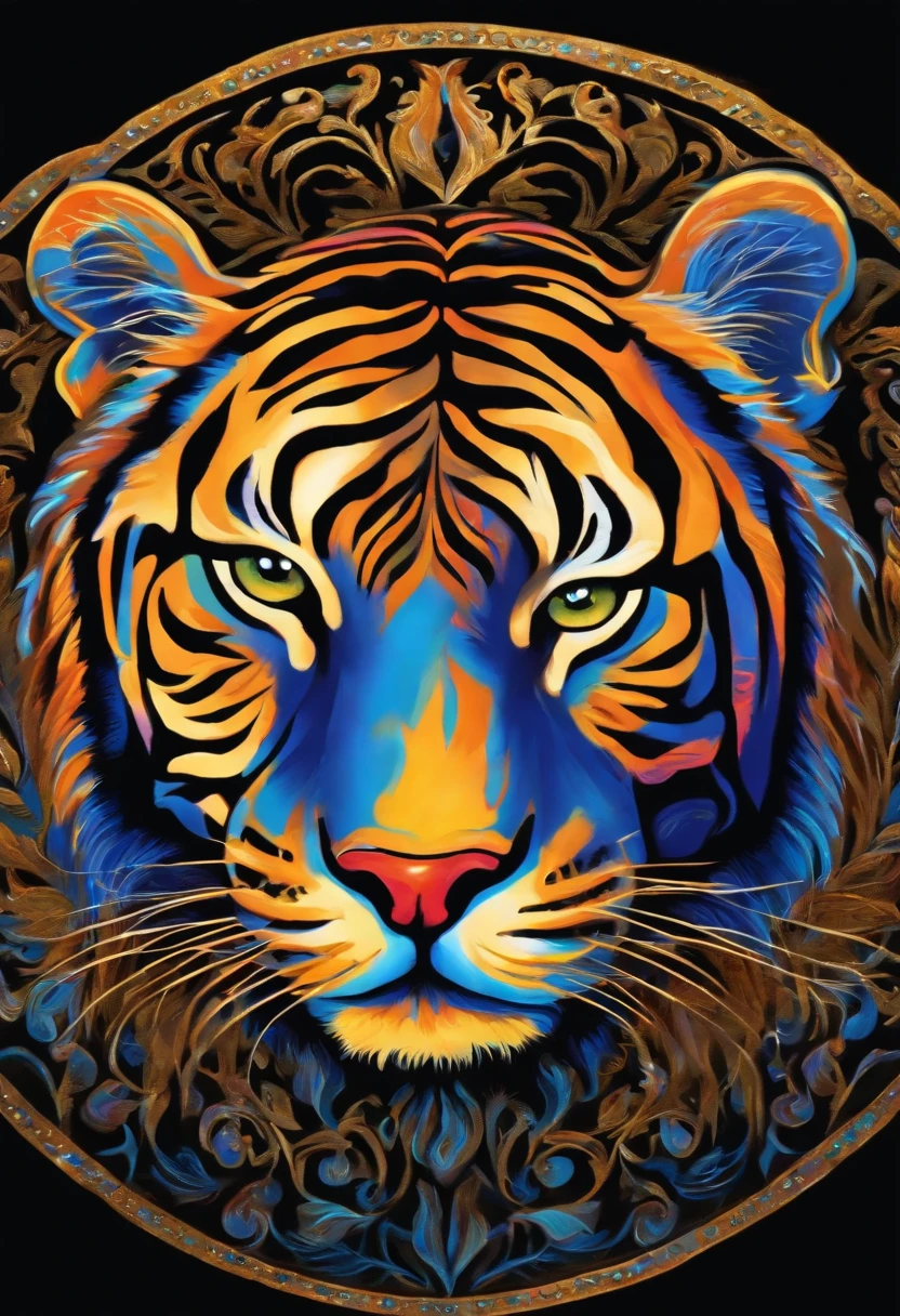 a painting of a colorful tiger on a black background,, breathtaking rendering, within a radiant connection, inspired by Kinuko Y. Craft,, magical elements, kitten icon, wow, is beautiful, casting a multi colorful spell, bright flash, flash