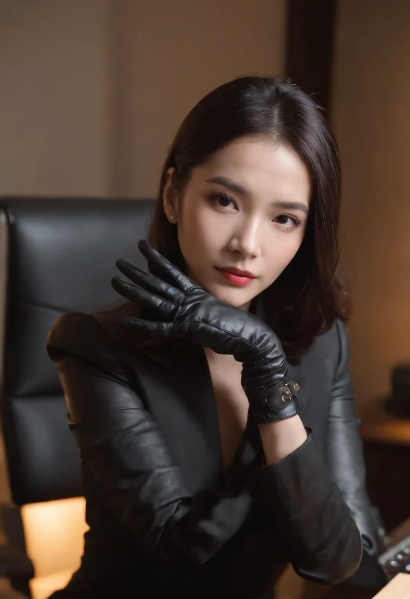 Wearing black leather gloves in both hands, upper body, black business suit, facing the desk in my room with a computer in the dark, tapping the keys of the computer keyboard with the fingertips of black leather gloves while looking at the screen, black hair bundled in the back for a long time, Japanese female new employee (black leather gloves cover both hands) (angle is in the front)