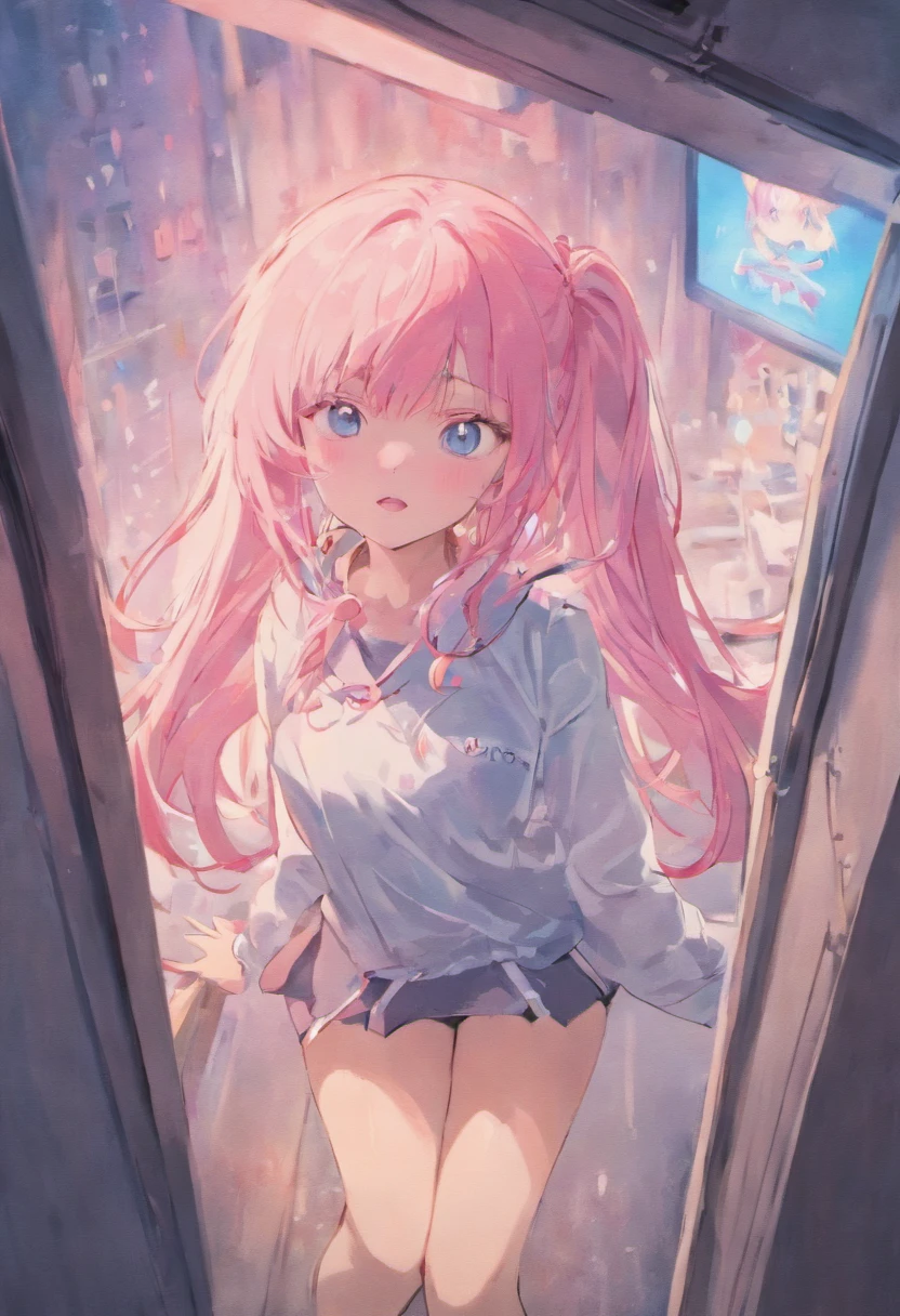 1girl, long pink hair, blue eyes, wearing plain white shirt, miniskirt, bedroom, absurdres, high res, ultrasharp, 8K, masterpiece, looking at viewer