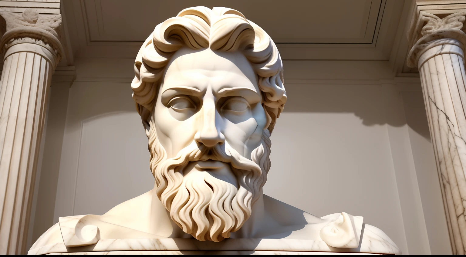 Ancient Greek statue with angry expression, tem barba, Filmado em Sony A7S III com Sony FE 35mm f/1.8, 12.1 MP, --AR 3:2 --estilo cru