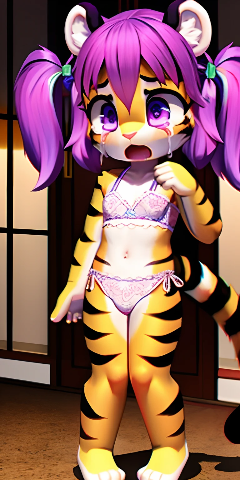 Cute little character in bright 3d with front, Tiger, Cute , petite,long purple hair, white lingerie, sweetie, pigtails, scared, dripping, spread, crying