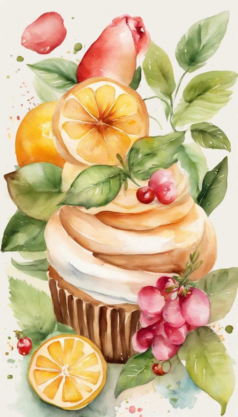 （pastel colours:1.2)、(cute illustration:1.2)、(watercolor paiting:1.2)、whitebackground、florals、Green leaf、fruits、tropical fruits、citric acid、acid、Sweet & Sour、Light pinkish-green along the entire length、Waffles、bread、Delicatessen、Cupcakes、Tiramisu、Cream cake、cookies、afternoon snack、sweet、particles of light、Drinks、ice cubes、Still life photography