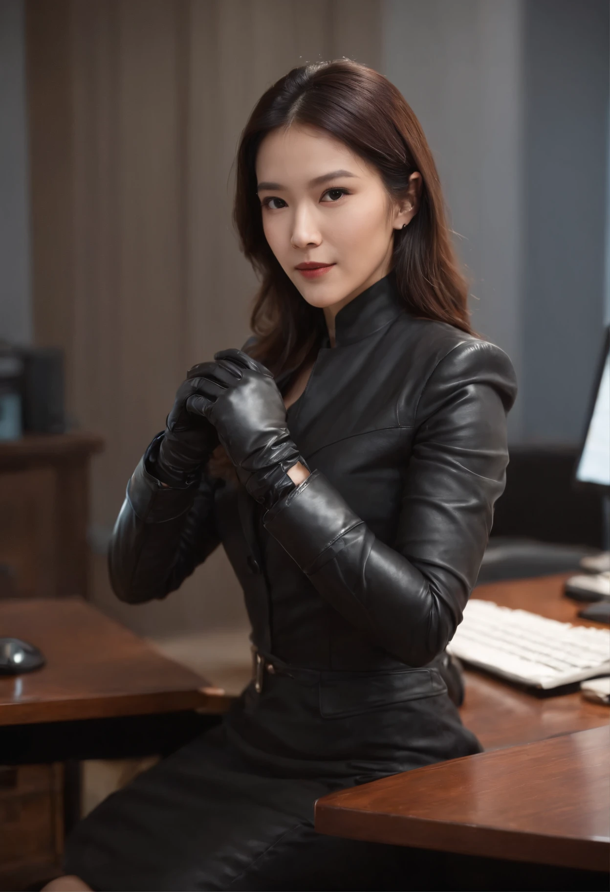 Wearing black leather gloves in both hands, upper body, black business suit, facing the desk in my room with a computer in the dark, tapping the keys of the computer keyboard with the fingertips of black leather gloves while looking at the screen, black hair bundled in the back for a long time, Japanese female new employee (black leather gloves cover both hands) (angle is in the front)
