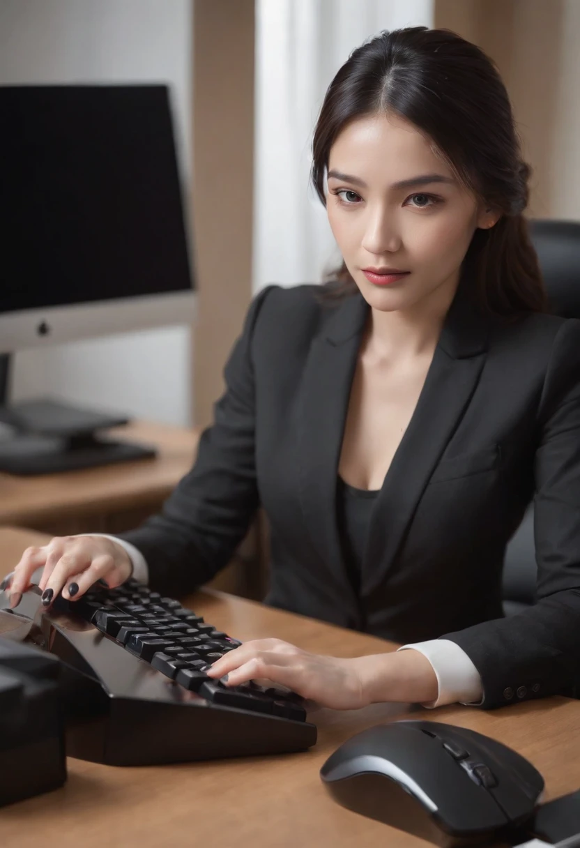 Wearing black leather gloves in both hands, upper body, black business suit, facing the desk in my room with a computer in the dark, tapping the keys of the computer keyboard with the fingertips of black leather gloves while looking at the screen, black hair bundled in the back for a long time, Japanese female new employee (black leather gloves cover both hands) (angle is in the front)