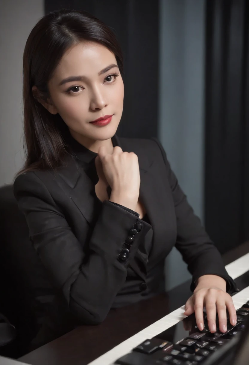 Wearing black leather gloves in both hands, upper body, black business suit, facing the desk in my room with a computer in the dark, tapping the keys of the computer keyboard with the fingertips of black leather gloves while looking at the screen, black hair bundled in the back for a long time, Japanese female new employee (black leather gloves cover both hands) (angle is in the front)