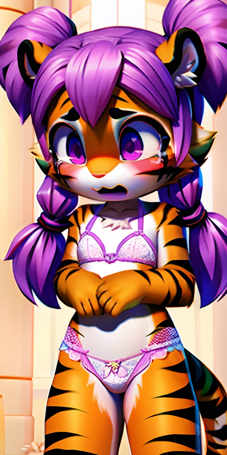 Cute little character in bright 3d with front, Tiger, Cute  girl, petiteng purple hair, white lingerie, sweetie, pigtails, scared, dripping, spread, crying