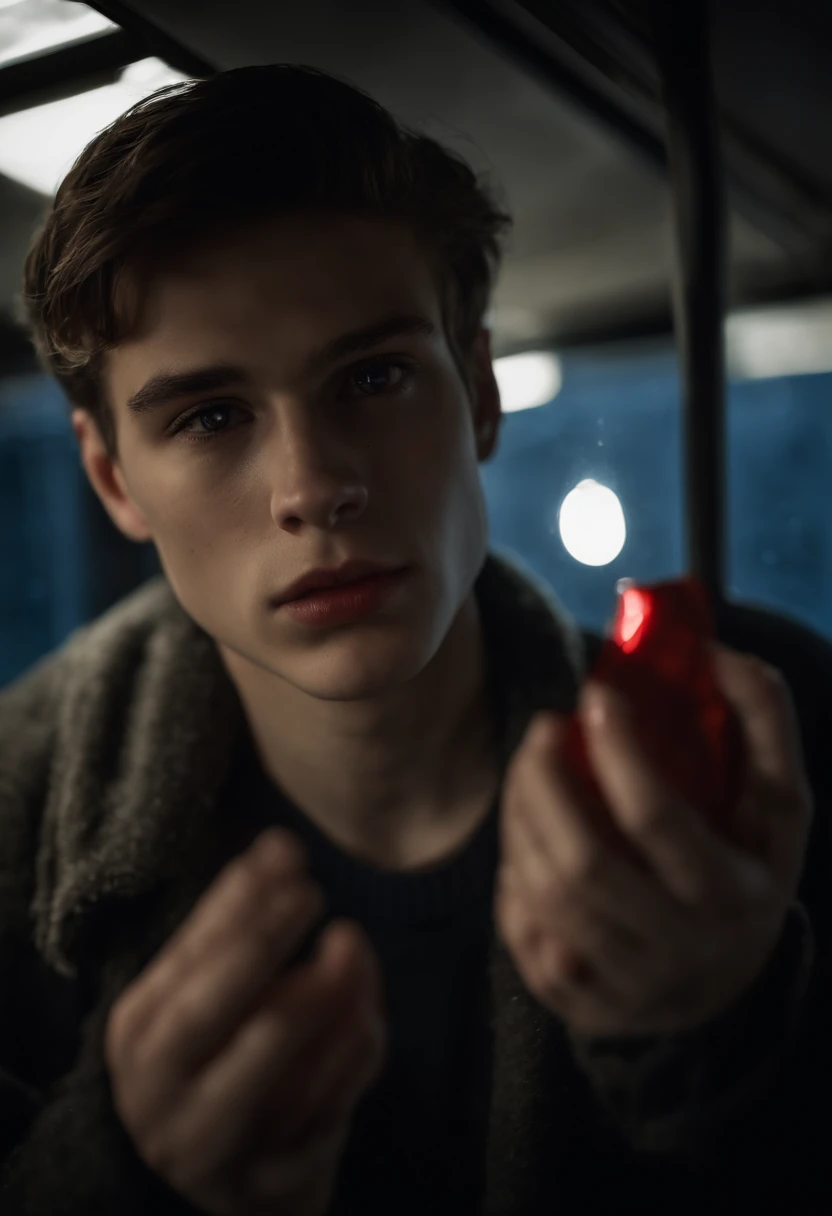 Boy holding a glass knife, blood on his hands, in a bus, wet clothes, black clothes, night, moon lighting, high detail, photorealistic