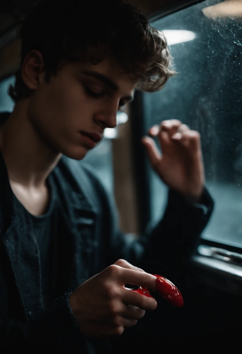 Teenage holding a broken mirror, blood on his hands, in a bus, wet clothes, black clothes, night, moon lighting, high detail, photorealistic