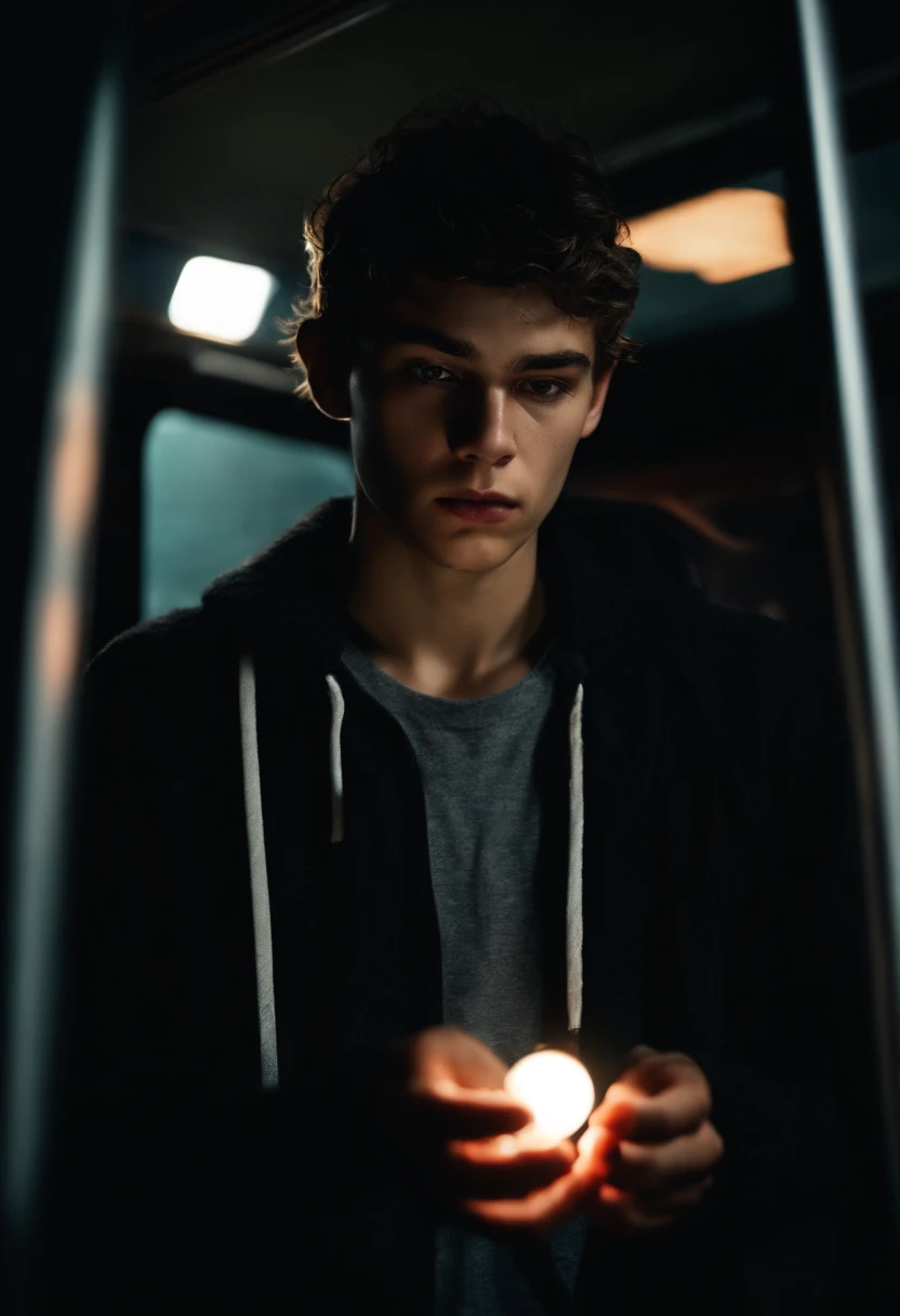 Teenage holding a broken mirror, blood on his hands, in a bus, wet clothes, black clothes, night, moon lighting, high detail, photorealistic