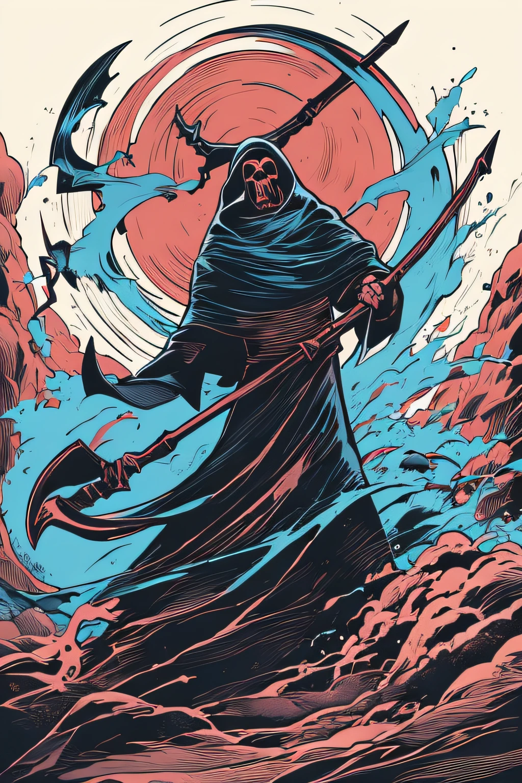 Grim Reaper with a large scythe、Light blue thunder、Hell