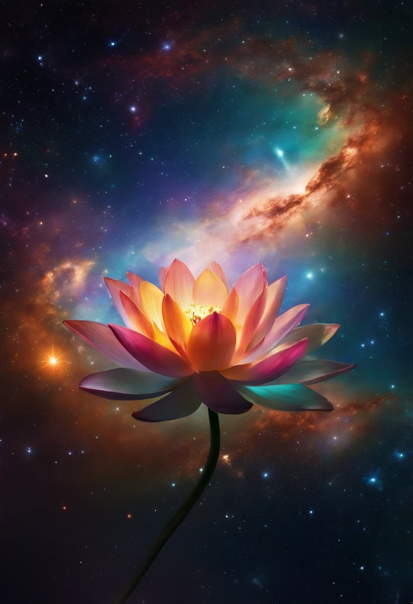 a painting of dreamlike art, galaxy, outer space, nebula, estrela, [cyberpunk] Lotus of the stars (estrela:1.5),em um fundo preto,, breathtaking rendering, inside a radiant connection, inspirada em Kinuko Y. Craft,, Magical Elements, uau, it's beautiful, casting a colorful multi spell, bright flash, glare