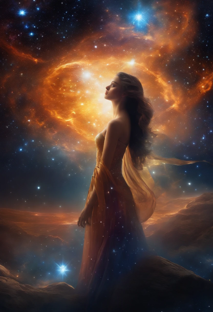inconceivable and spectacular a scene of emergence of a figure from the glowing cloud, fractal nebula threads, cosmic entities, celestial, cosmic, vibrant and vivid, swirls, twirling, unrealistic, high contrast, symobolism, magical, mystical, mystifying, hyperrealistic, oversaturate, colorfully