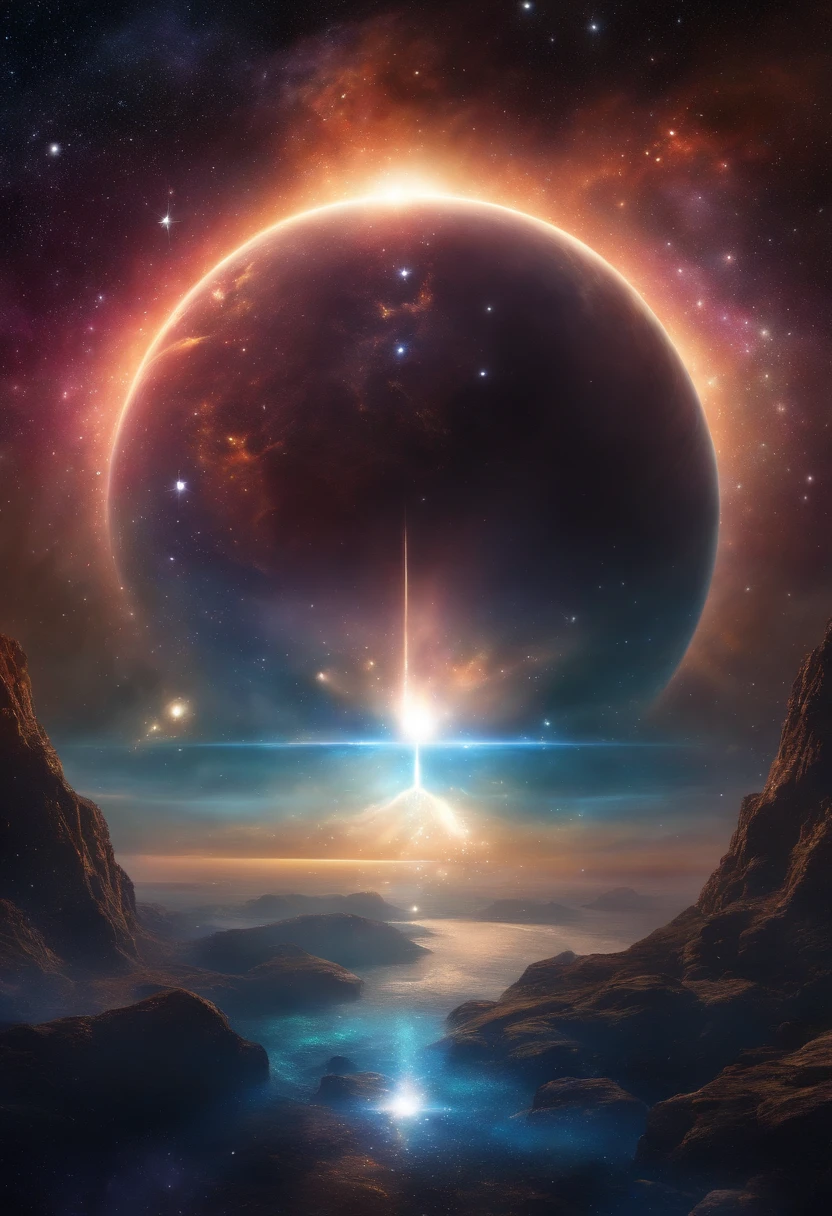 a painting of dreamlike art, galaxy, outer space, nebula, estrela, [cyberpunk] Lotus of the stars (estrela:1.5),em um fundo preto,, breathtaking rendering, inside a radiant connection, inspirada em Kinuko Y. Craft,, Magical Elements, uau, it's beautiful, casting a colorful multi spell, bright flash, glare