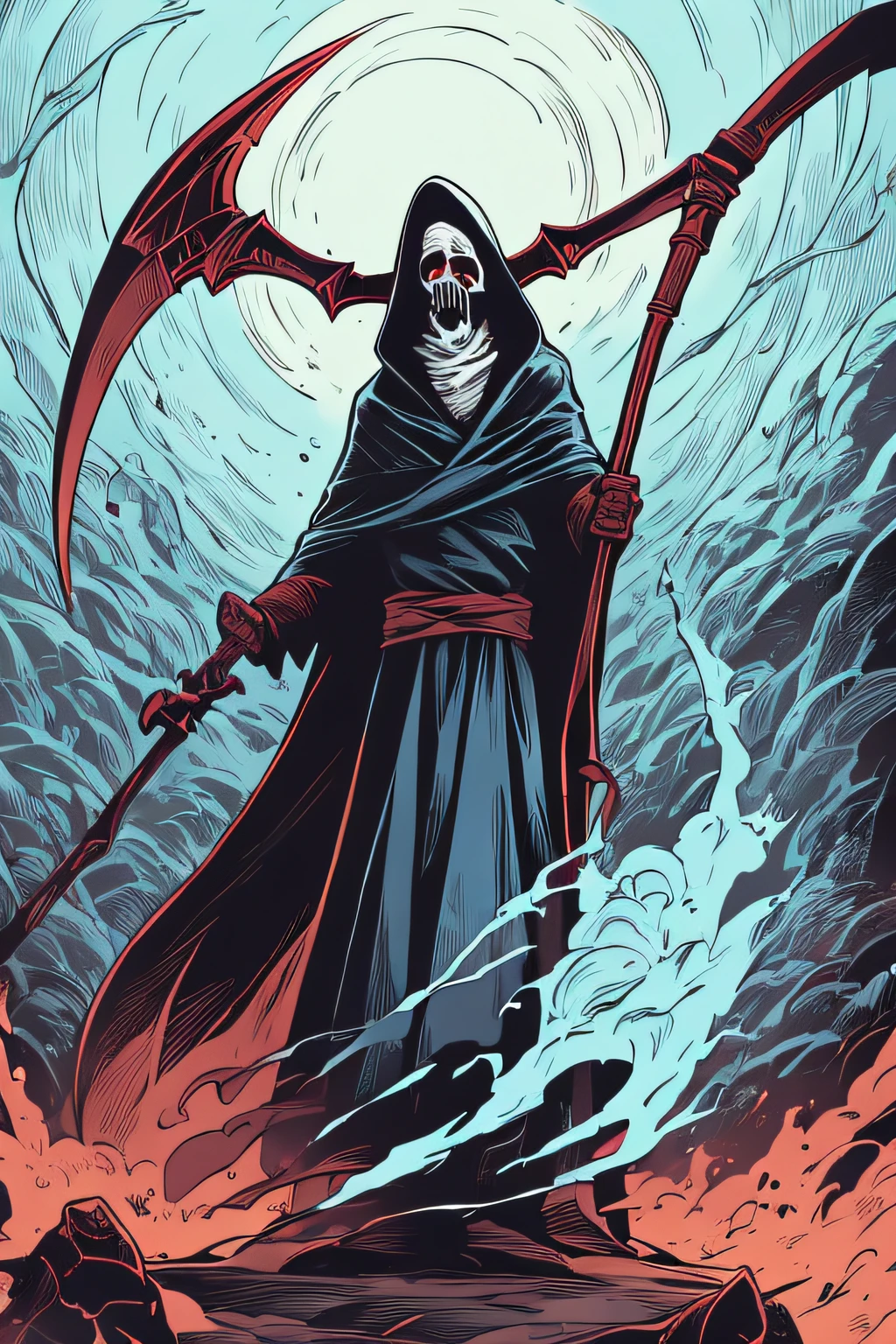 Grim Reaper with a large scythe、Light blue thunder、Hell