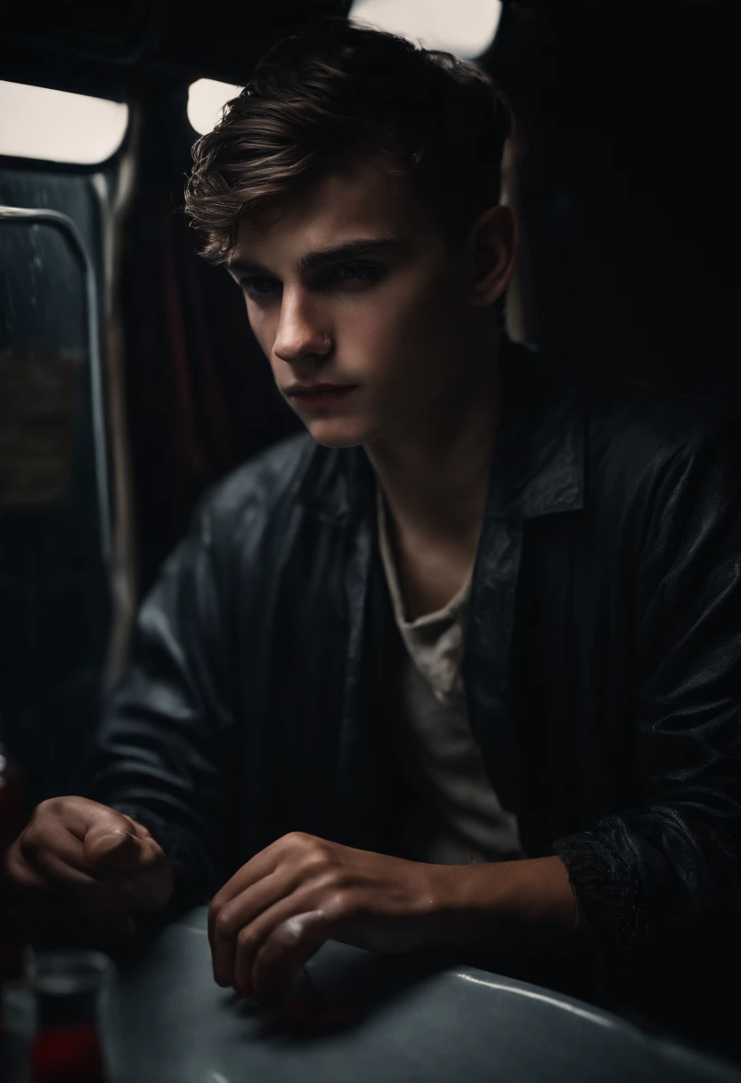 Boy holding a glass knife, blood on his hands, in a bus, wet clothes, black clothes, night, moon lighting, high detail, photorealistic