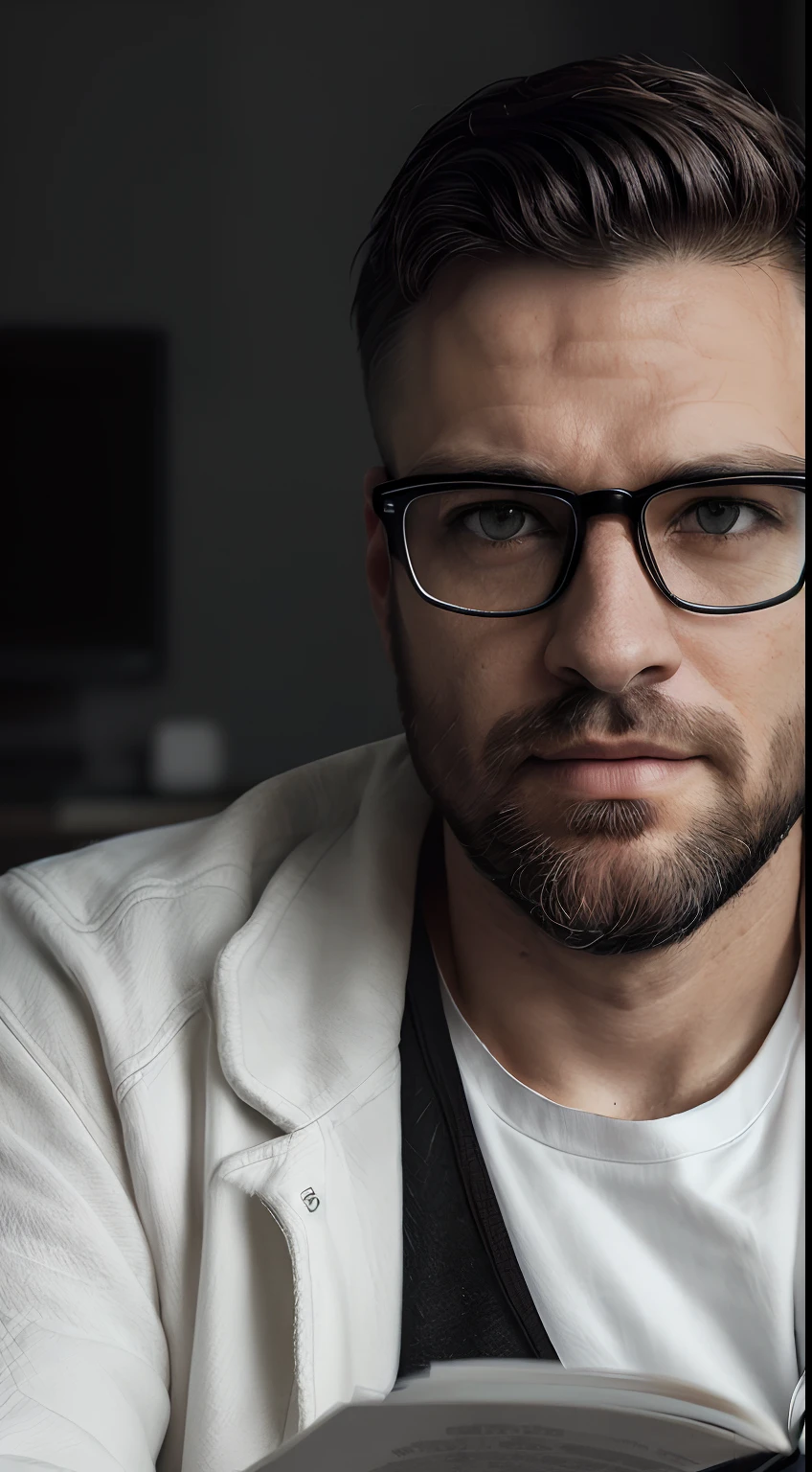 (editorial photograph 9:16 of a smart man sitting in his living room in, bearded, serious doing his reading, 37 years old, brown eyes), (wearing new white shirt, wearing black jacket, wearing glasses, detailed:1.3), (highly detailed face:1.4), (background inside dark, grumpy, private study, modern furniture:1.3), (8k, uhd, DSLR, high quality, cinematic lighting, bokeh), (strong depth of field)