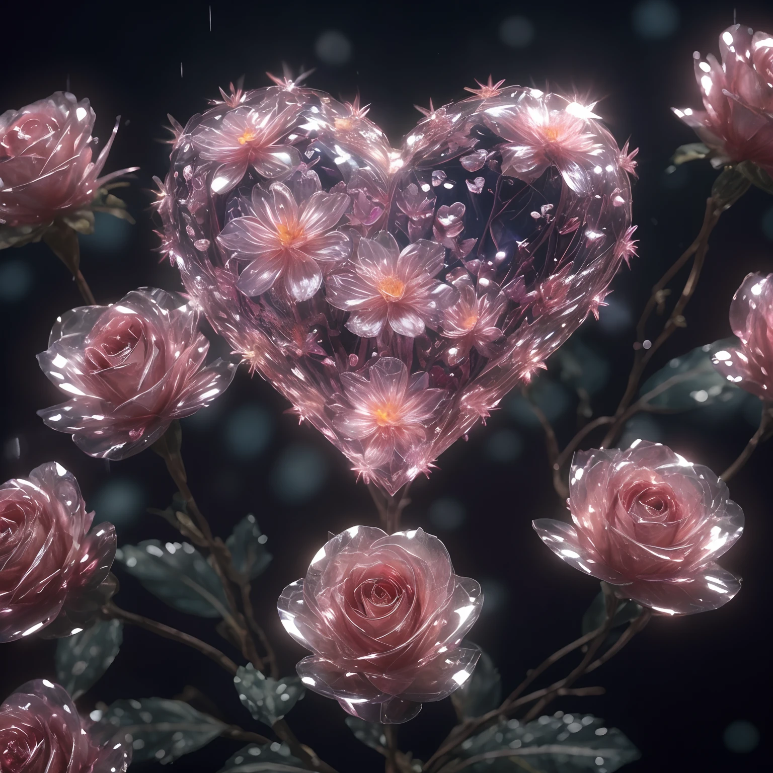 Flower, shiny, rain, sparkles, 10k hd, love, light, hyper realistic, colorful, ethereal, other worldly, unique, glowing flower, sparkling, hyper 3d, sparkling flower, crystal, planet, flower mutated, gorgeous, heart, crystal heart flower, rain, heart flower, human heart, human heart shaped flower, biological human heart, flower blooming on another planet, love protection