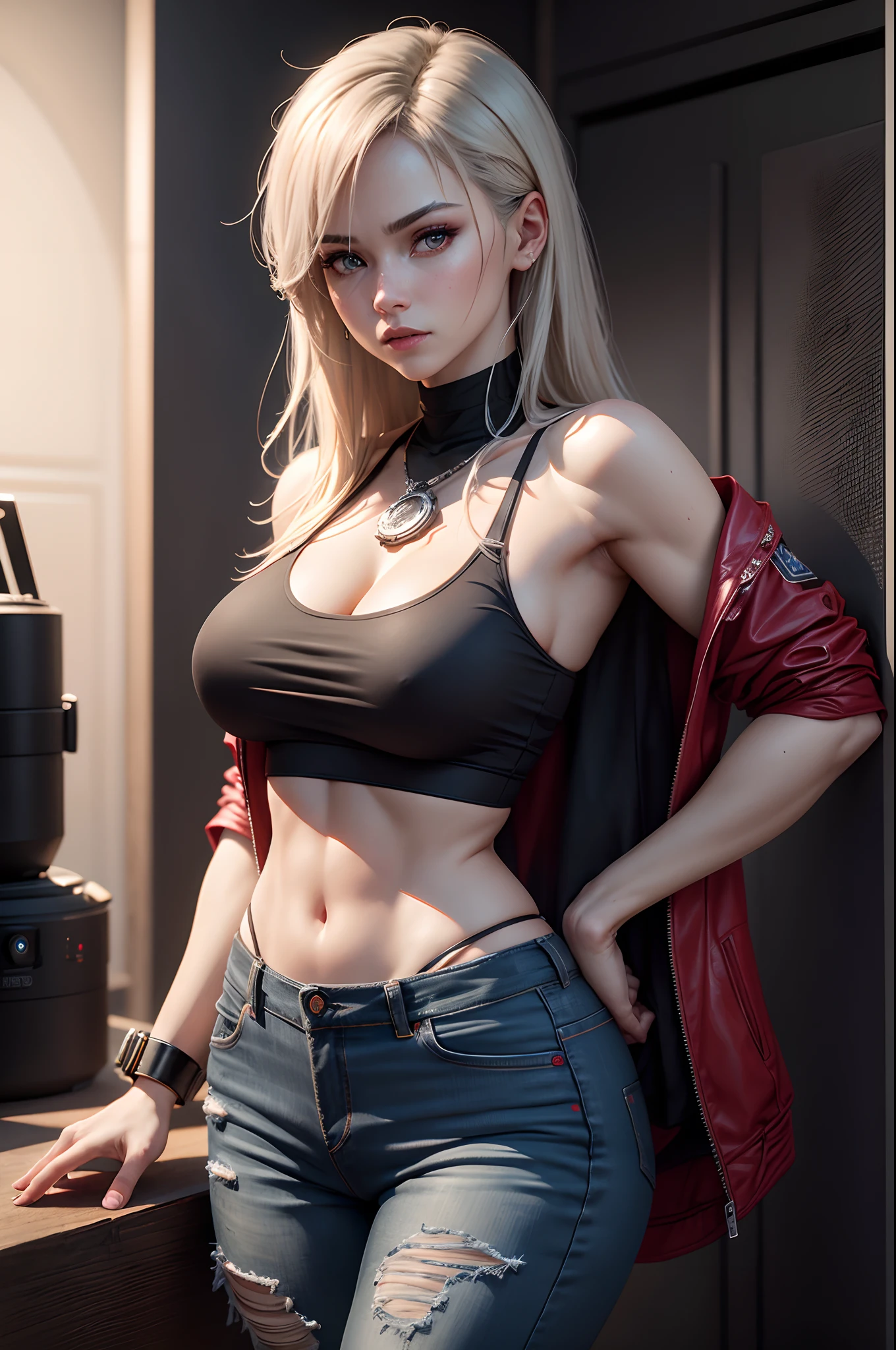 Beautiful mature russian woman、Black tank top、Black Denim Pants、Red flight jacket((Slimed、小柄))、Photorealsitic、a picture、masterpiece、reallistic、真实感、photorealisim、High contrast、Photorealistic Art Station Trend Digital Art 8k HD High Resolution Explanation Real, detaileds, Skin Texture, ultra-detailliert, realistic skin textures, armature, top-quality, 超A high resolution, (Photorealsitic:1.4),, hight resolution, detaileds, Raw foto, Sharp Re, Nikon D850 Film Stock Photo by Lee Jefferies 4 Kodak Portra 400 Camera F1.6 lenses rich colors hyper realistic lifelike textures dramatic lighting unreal engine artstation trends synestil 800,