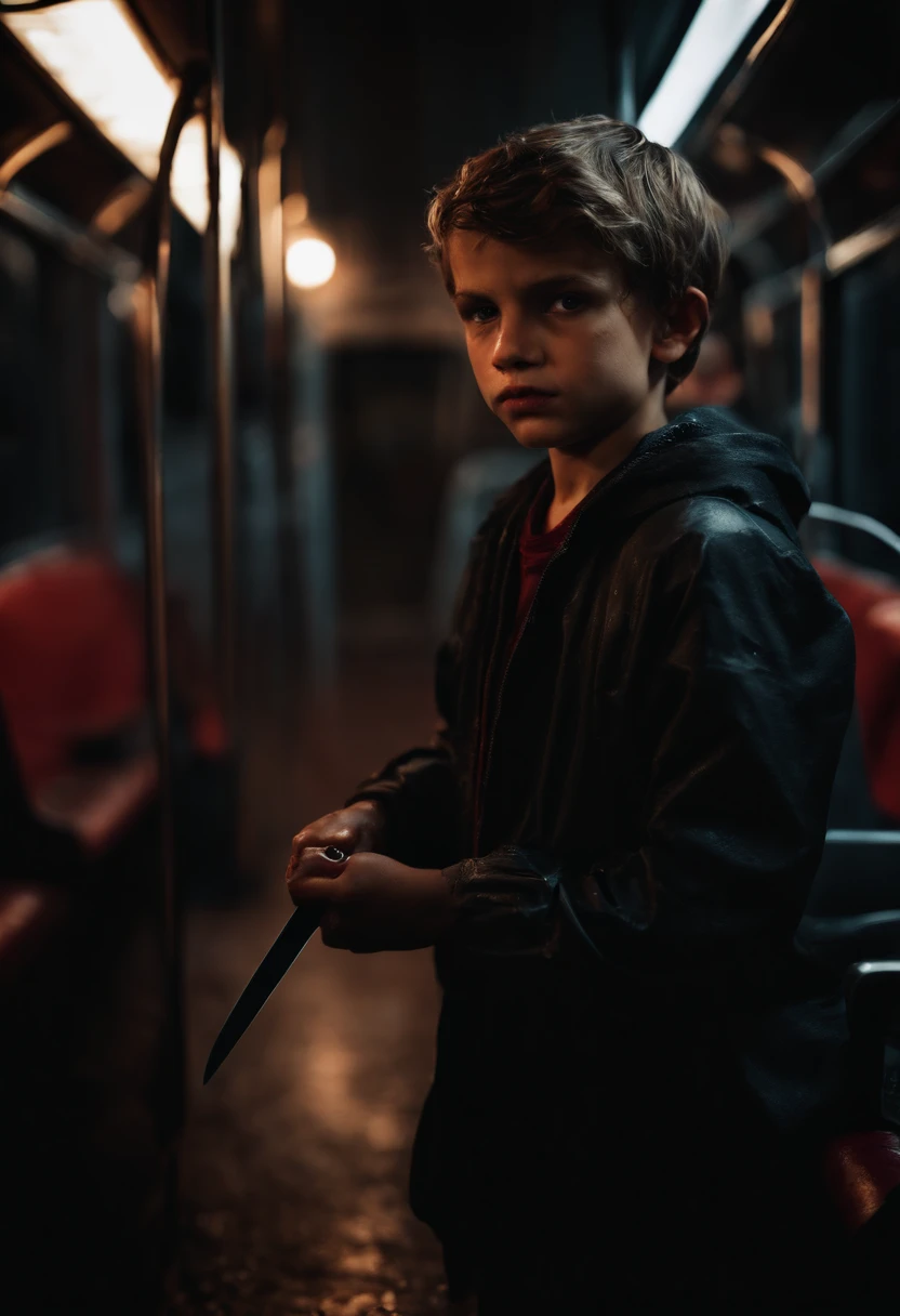 Tennage Boy (holding a Knife), blood on his hands, in a bus, wet clothes, black clothes, night, moon lighting, high detail, photorealistic