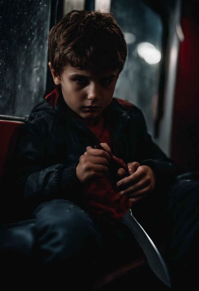 Tennage Boy (holding a Knife), blood on his hands, in a bus, wet clothes, black clothes, night, moon lighting, high detail, photorealistic