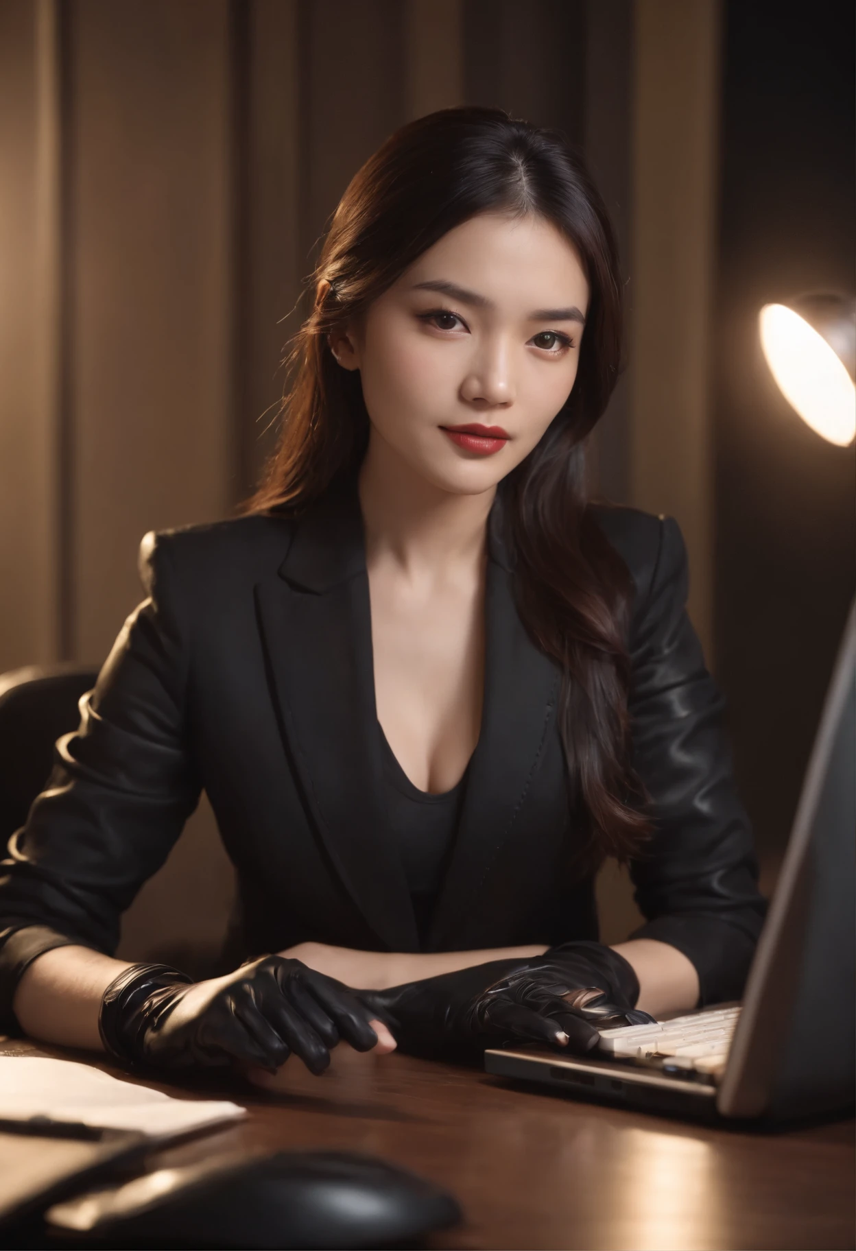 Wearing black leather gloves in both hands, upper body, black business suit, facing the desk in my room with a computer in the dark, tapping the keys of the computer keyboard with the fingertips of black leather gloves while looking at the screen, black hair bundled in the back for a long time, Japanese female new employee (black leather gloves cover both hands) (angle is in the front)