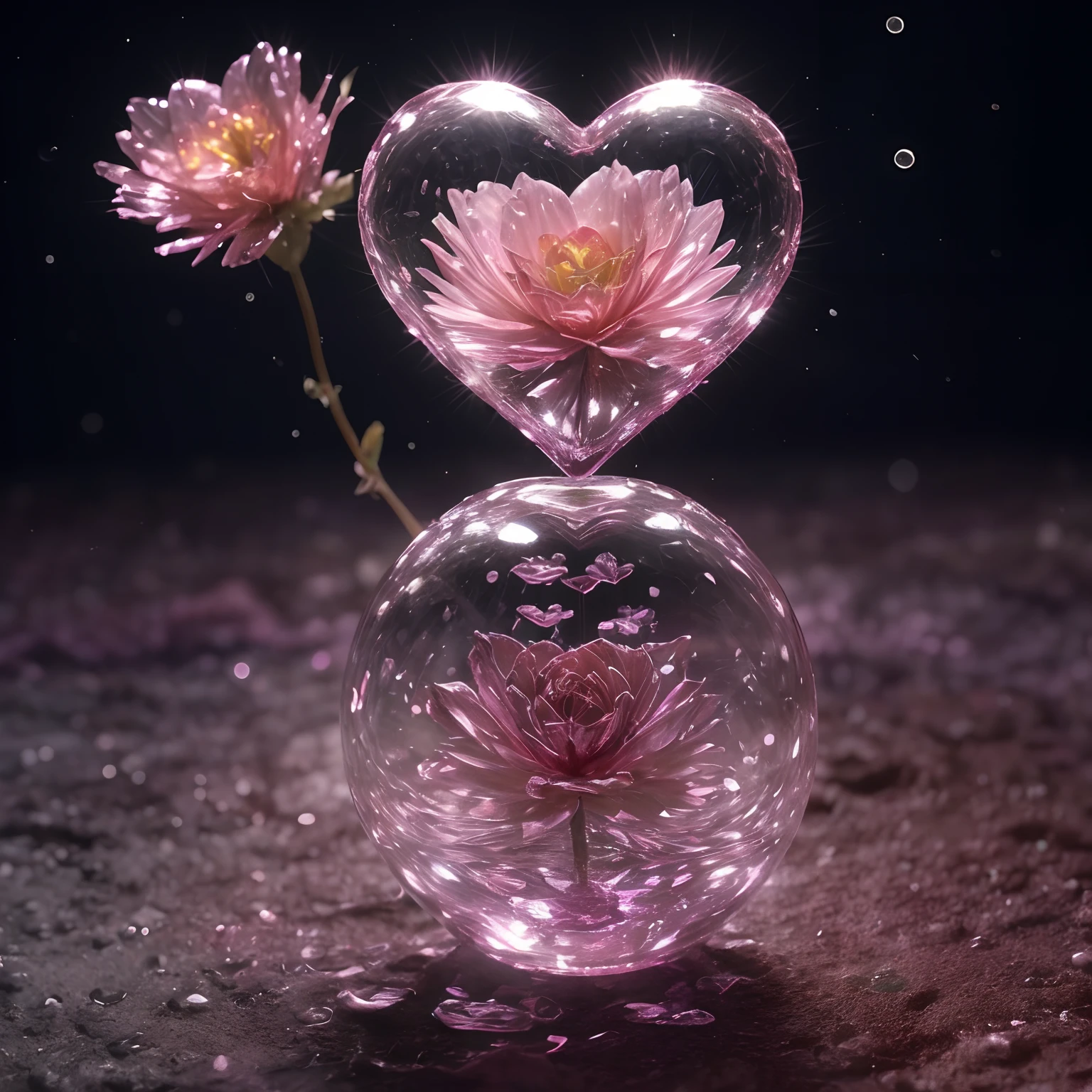 Flower, shiny, rain, sparkles, 10k hd, love, light, hyper realistic, colorful, ethereal, other worldly, unique, glowing flower, sparkling, hyper 3d, sparkling flower, crystal, planet, flower mutated, gorgeous, heart, crystal heart flower, rain, heart flower, human heart, human heart shaped flower, biological human heart, flower blooming on another planet, love protection