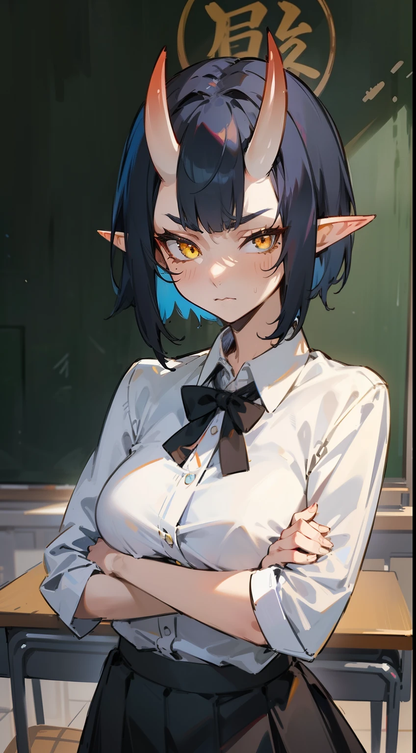 1oni girl,solo,serious face,white shirt,black skirt,blue hair, short hair,,yellow eyes,elves ears,mature female,oni horns,classroom,crossed arms,(((detailed face,masterpiece,hd)))