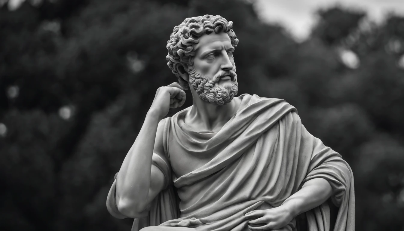 a statue of the stoic Marcus Aurelius in black and white 4K,Face de lado, papel de parede super realista, corpo forte, sem camisa, tronco forte, barriga forte