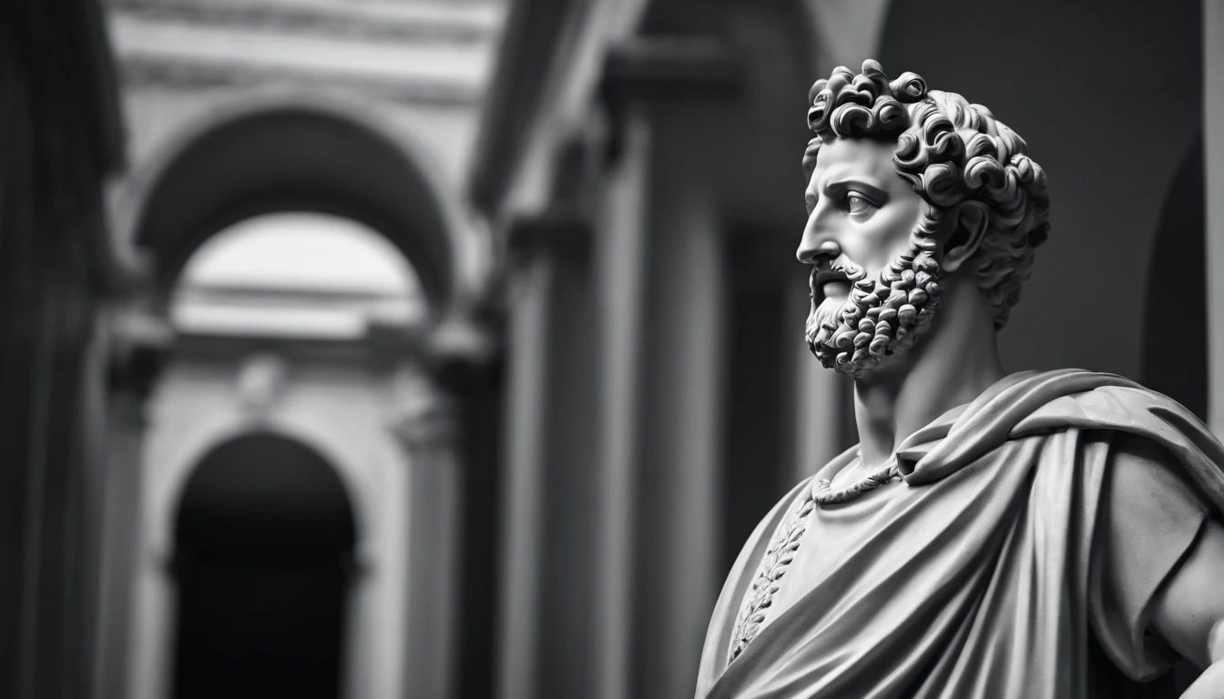 a statue of the stoic Marcus Aurelius in black and white 4K,Face de lado, papel de parede super realista, corpo forte, sem camisa, tronco forte, barriga forte