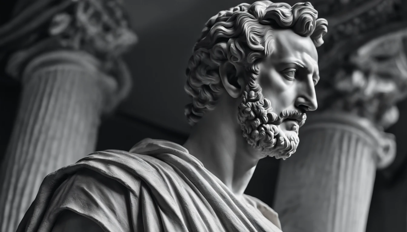 a statue of the stoic Marcus Aurelius in black and white 4K,Face de lado, papel de parede super realista, corpo forte, sem camisa, tronco forte, barriga forte