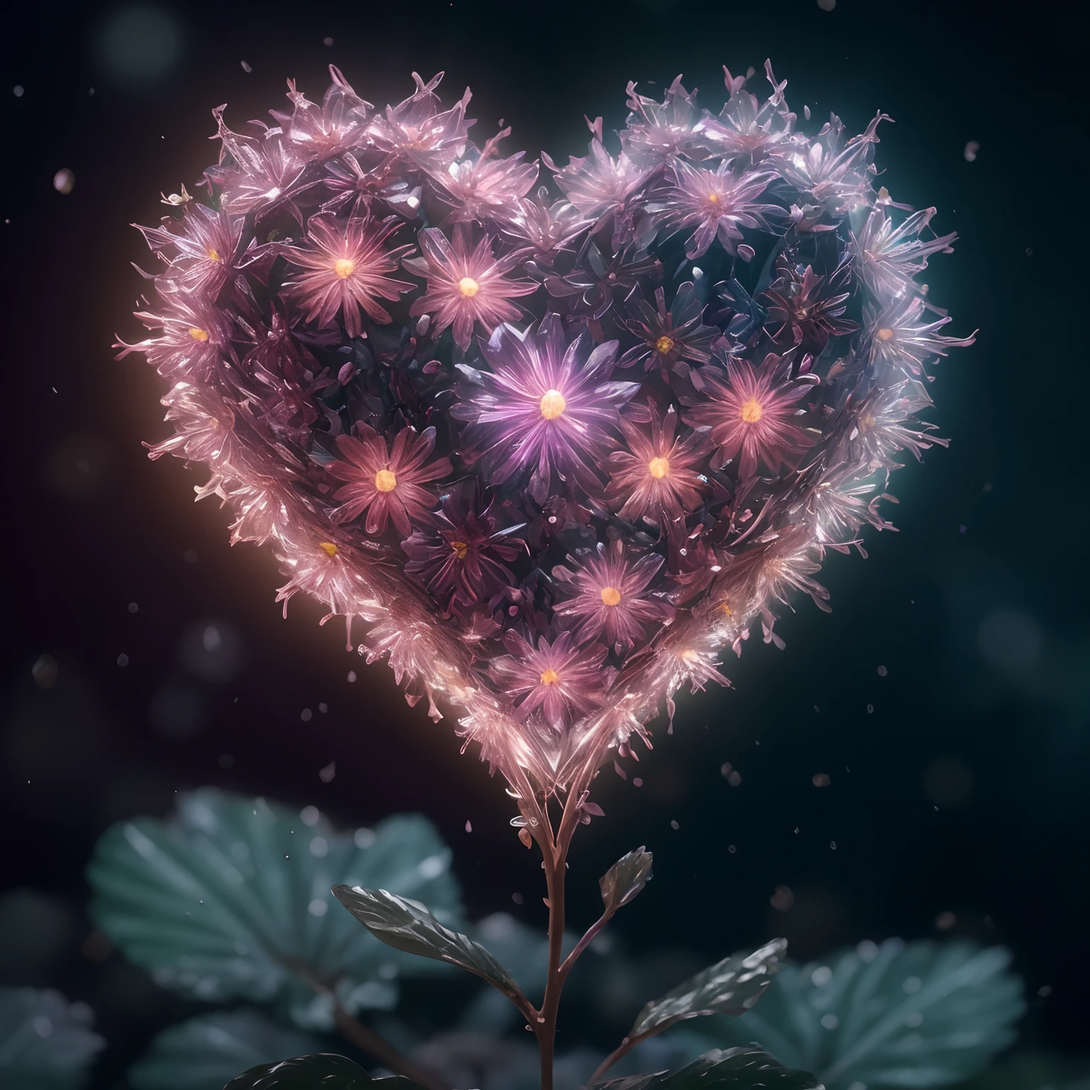 Flower, shiny, rain, sparkles, 10k hd, love, light, hyper realistic, colorful, ethereal, other worldly, unique, glowing flower, sparkling, hyper 3d, sparkling flower, crystal, planet, flower mutated, gorgeous, heart, crystal heart flower, rain, heart flower, human heart, human heart shaped flower, biological human heart, flower blooming on another planet, love protection