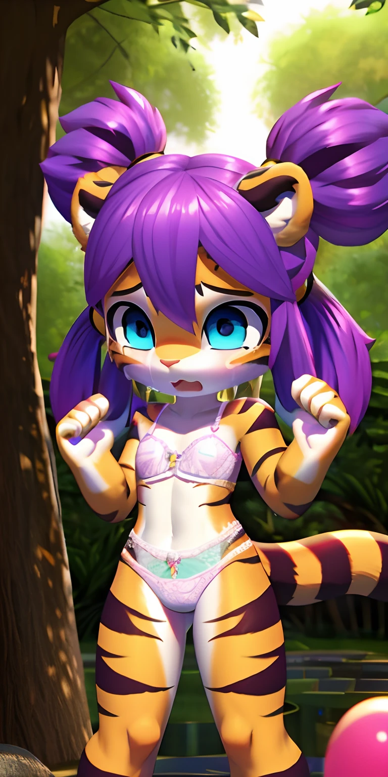 Cute little character in bright 3d with front, Tiger, Cute little girl, petite,long purple hair, white lingerie, sweetie, pigtails, scared, dripping, spread, crying, hiding, raindow, gold, high-definition high-quality 4k resolution