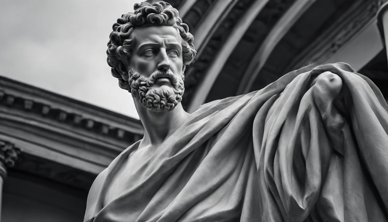 a statue of the stoic Marcus Aurelius in black and white 4K,Face de lado, papel de parede super realista, corpo forte, sem camisa, tronco forte, barriga forte