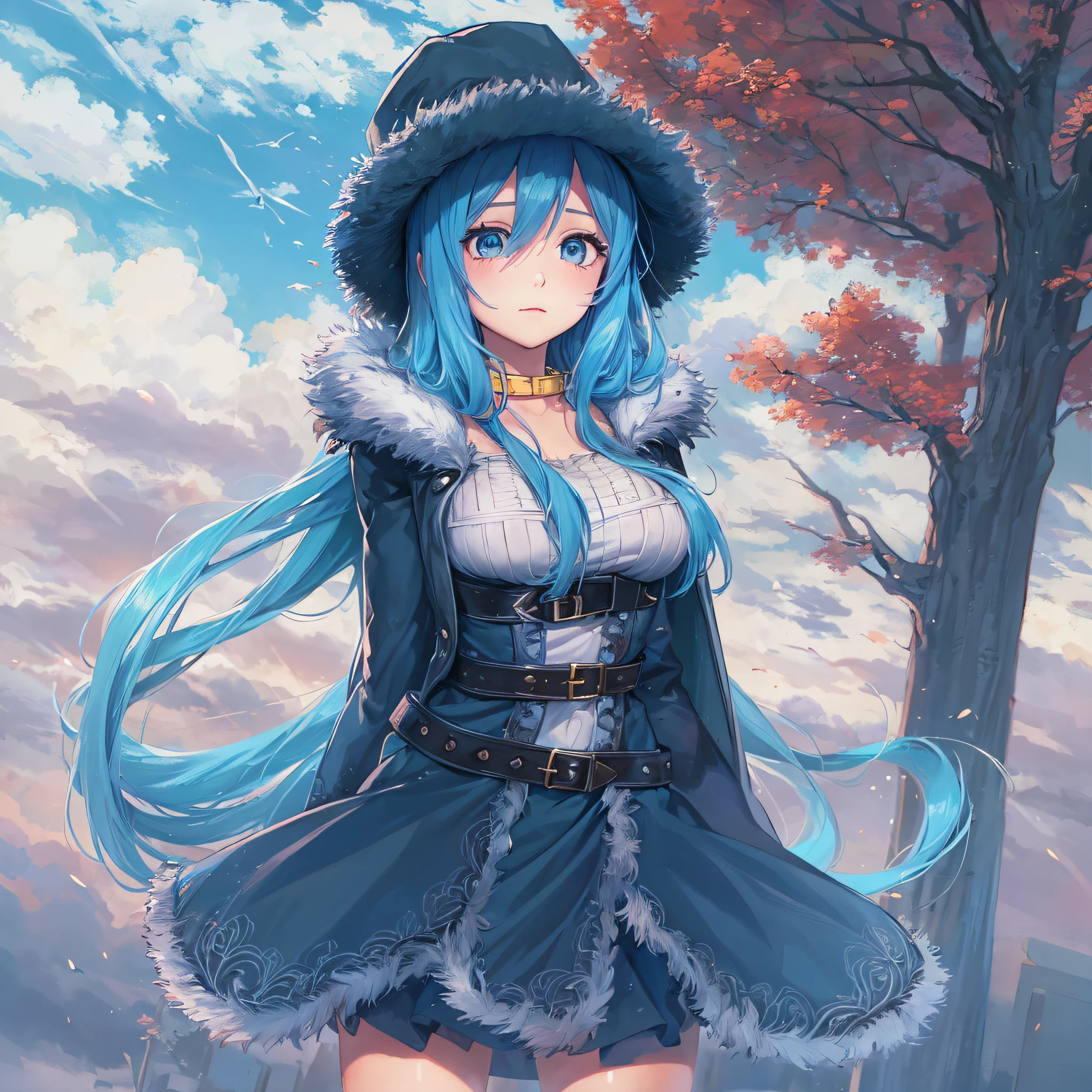 juvia, fairy tail, anime art style, 1girl, long_hair, breasts, long_sleeves, hat, dress, blue_hair, outdoors, sky, belt, cloud, black_eyes, coat, fur_trim, capelet, black_capelet, fur_hat  -imagine - --auto --s2