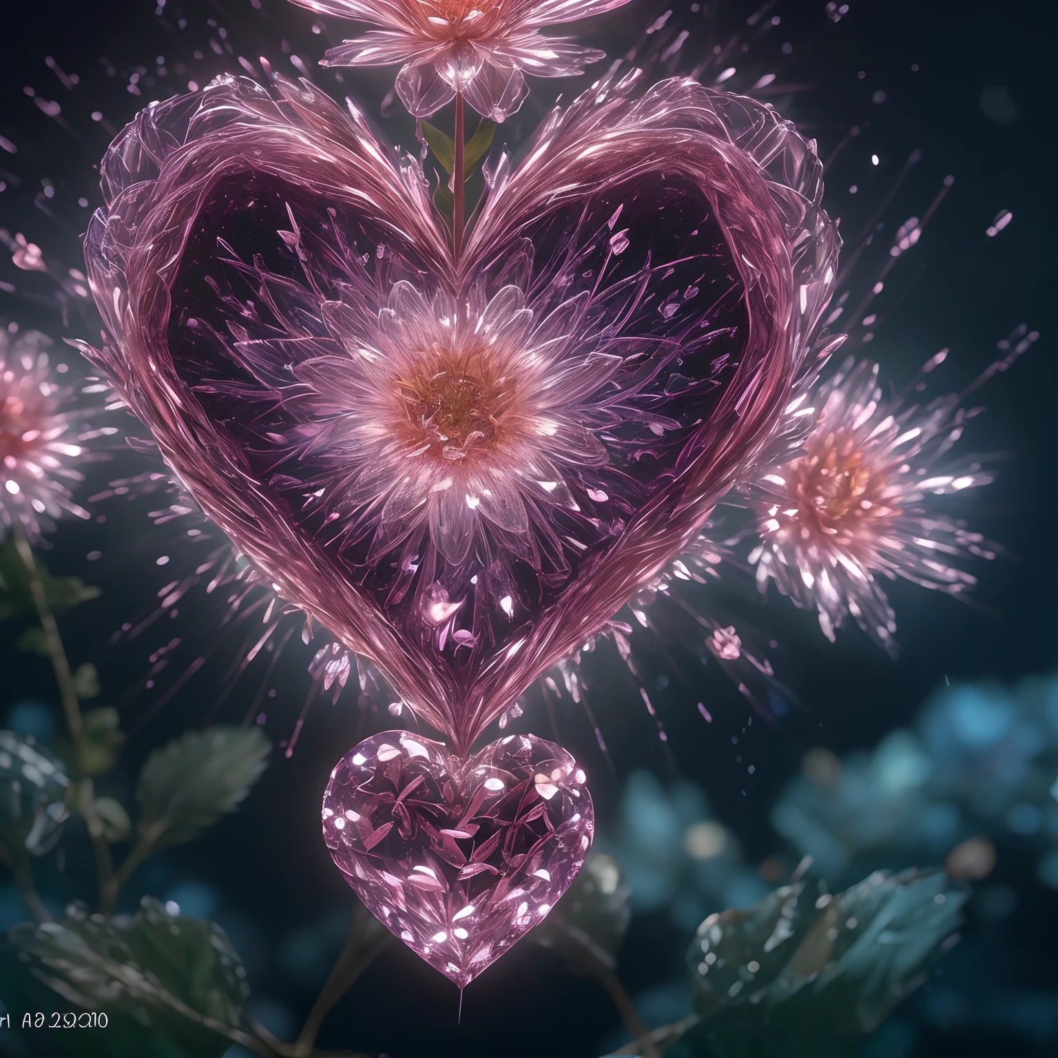 Flower, shiny, rain, sparkles, 10k hd, love, light, hyper realistic, colorful, ethereal, other worldly, unique, glowing flower, sparkling, hyper 3d, sparkling flower, crystal, planet, flower mutated, gorgeous, heart, crystal heart flower, rain, heart flower, human heart, human heart shaped flower, biological human heart, flower blooming on another planet, love protection