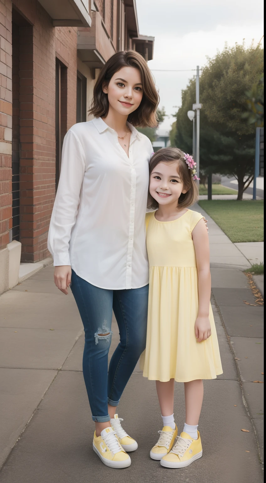 Raw pictures, 4k, very realistic, super realistic, super hi-res, high resolution, vibrant color, very detailed color, detailed tone, detailed composition, family photo, 2 person photo, two person photo,  a mom huge her daughter, a mom 22 years (short pixie hair, white long shirt, short jeans, white sneaker) huge a 10 years daughter (medium hair, yellow dress, yellow shoes) full body photography, smile